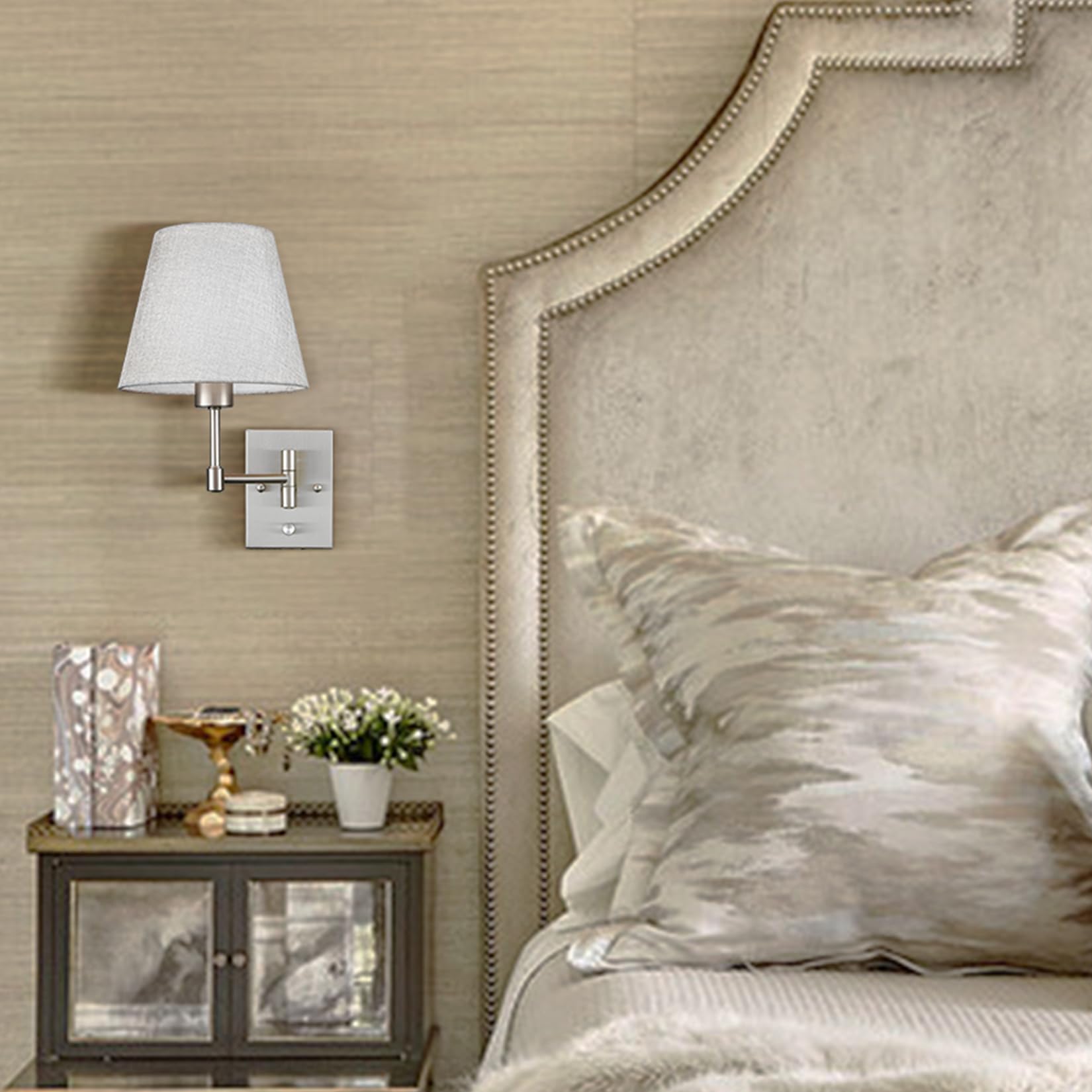 Samteen Swing Arm Wall Sconces Set Of Two Plug In Wall Lamp With Grey Fabric Shade And On Off Switch Wall Light For Bedside Living Room Hallway, Brushed Nickel Finish