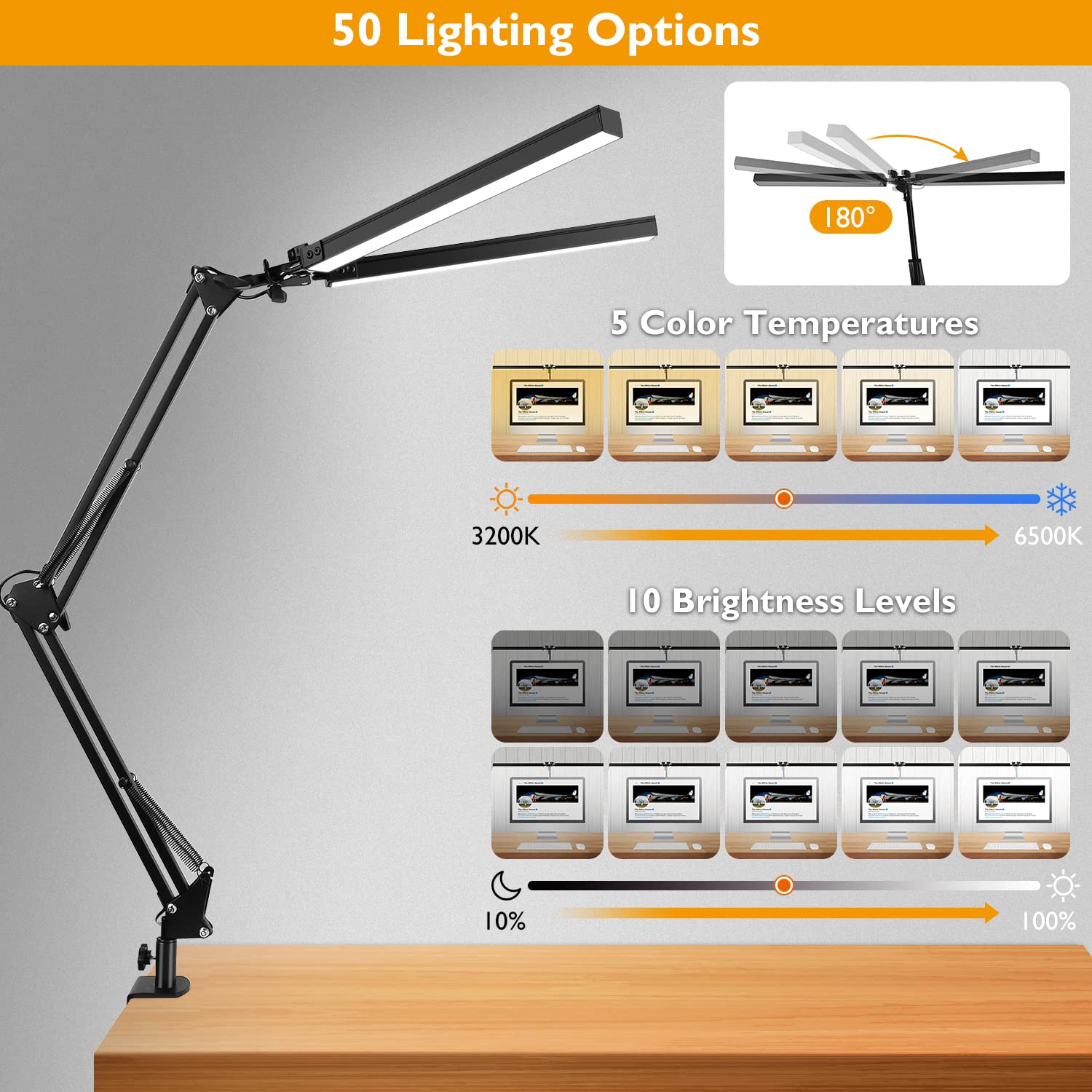 Jostic Led Desk Lamp With Clamp, 5 Color Modes, 10%-100% Dimmable, Modern Swing Arm Lighting