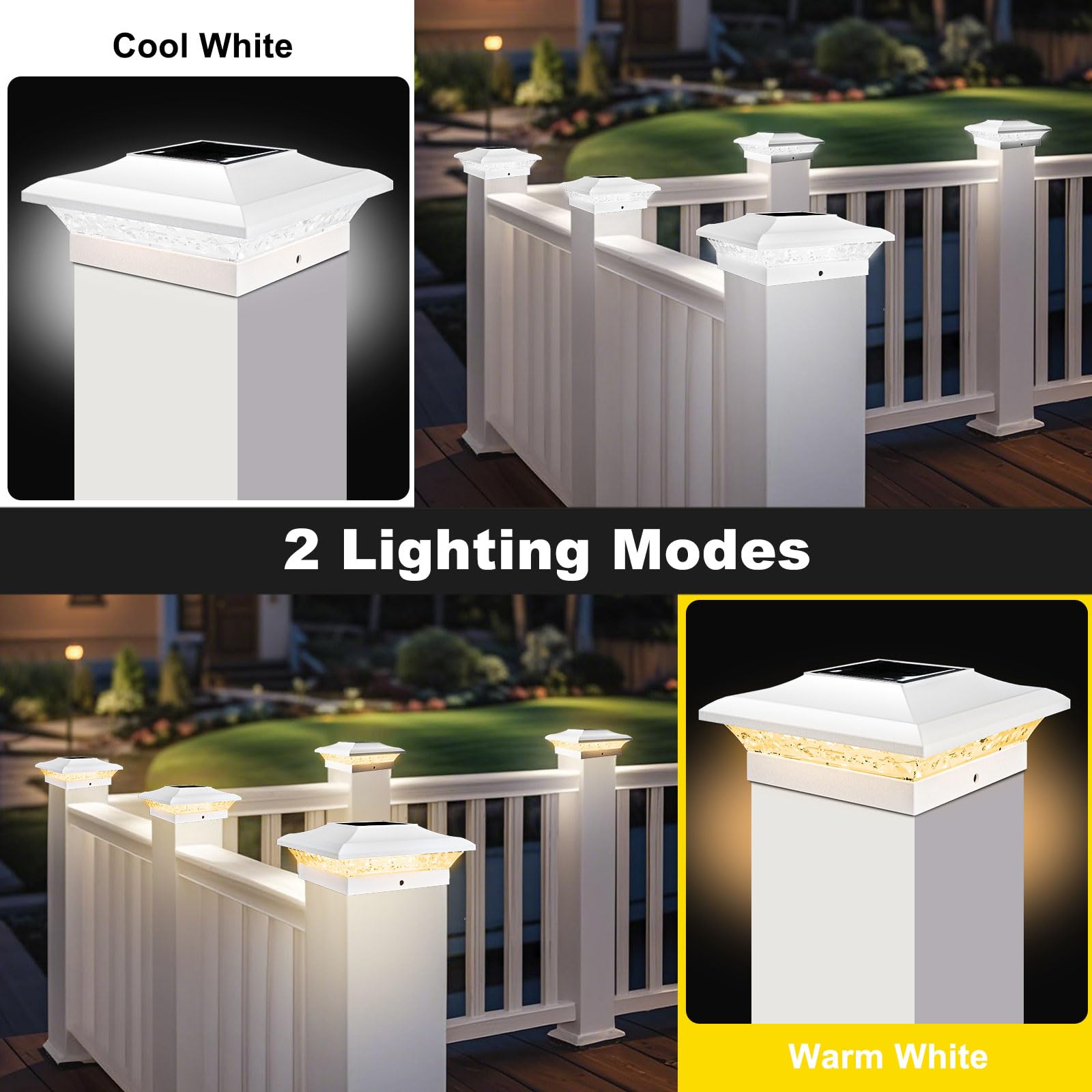 T-Sun 4X4 Post Cap Lights 6 Pack For Vinyl/Wooden Fence Outdoor Waterproof Warm & Cool White  Deck Solar Post Lights For Patio Garden Yard Lighting
