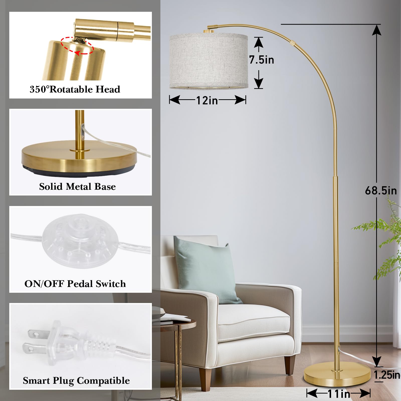 Gold Arc Floor Lamp For Living Room, Floor Lamp With Adjustable Drum Lampshade, Modern Tall Standing Lamp With Foot Switch, Over