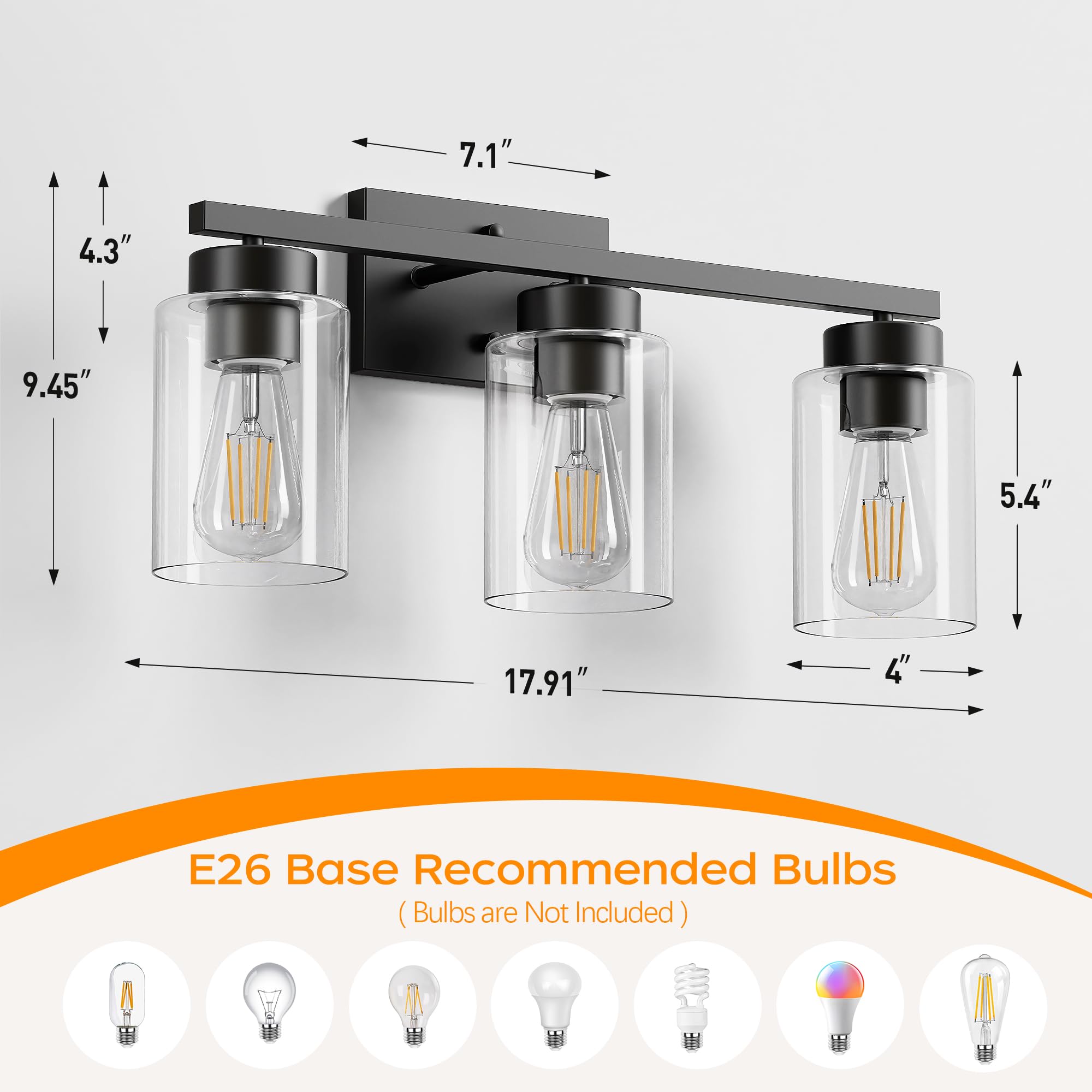 Partphoner 3-Light Bathroom Light Fixtures  Matte Black Vanity Light With Clear Glass Shade  Modern Wall Sconce For Mirror Bedroom Living Room Hallway Lighting