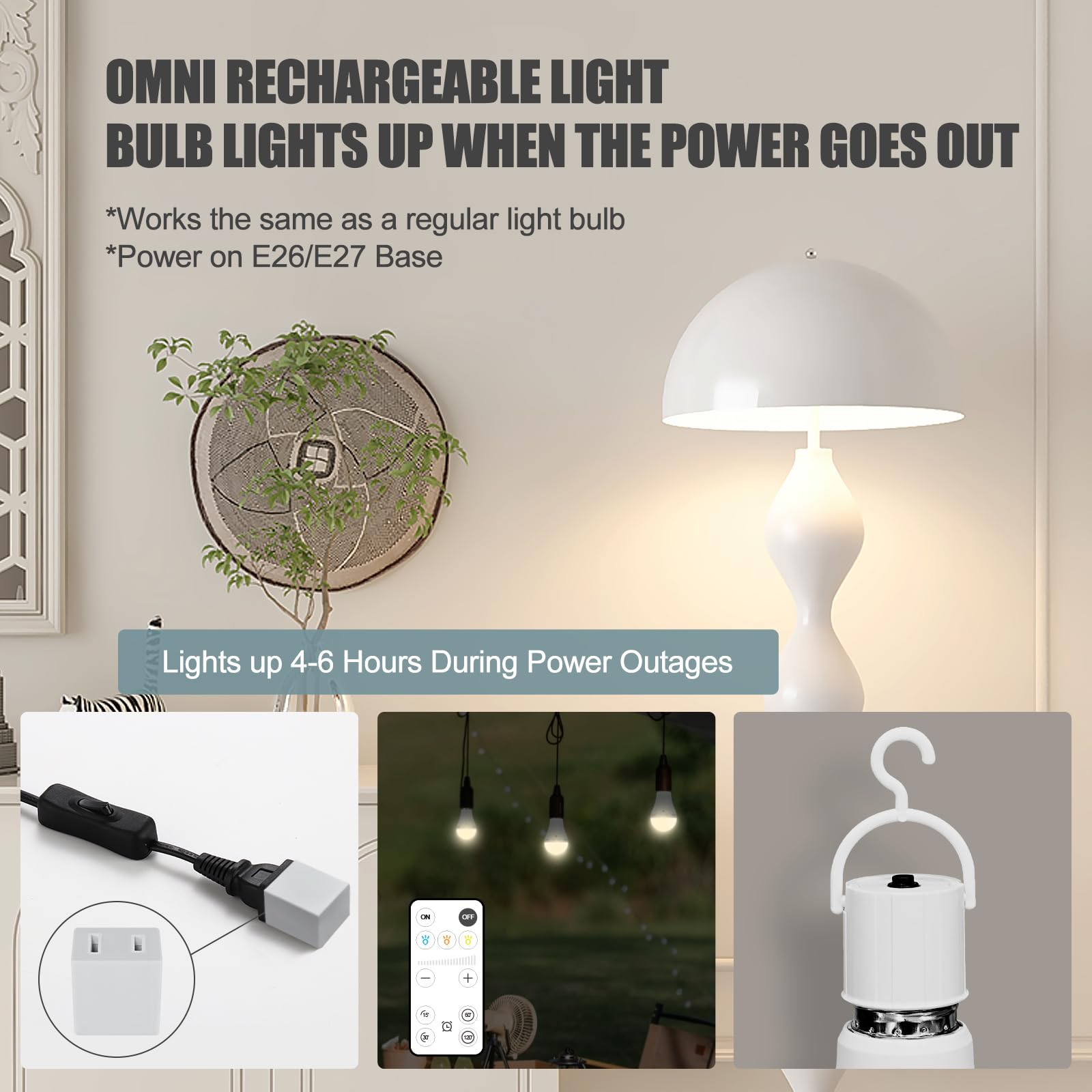 RELAMPBOL Rechargeable Emergency Light Bulbs - 2 Pack Dimmable 9W with Remote Timer, 3000K-6000K Color Temperatures, Battery Backup