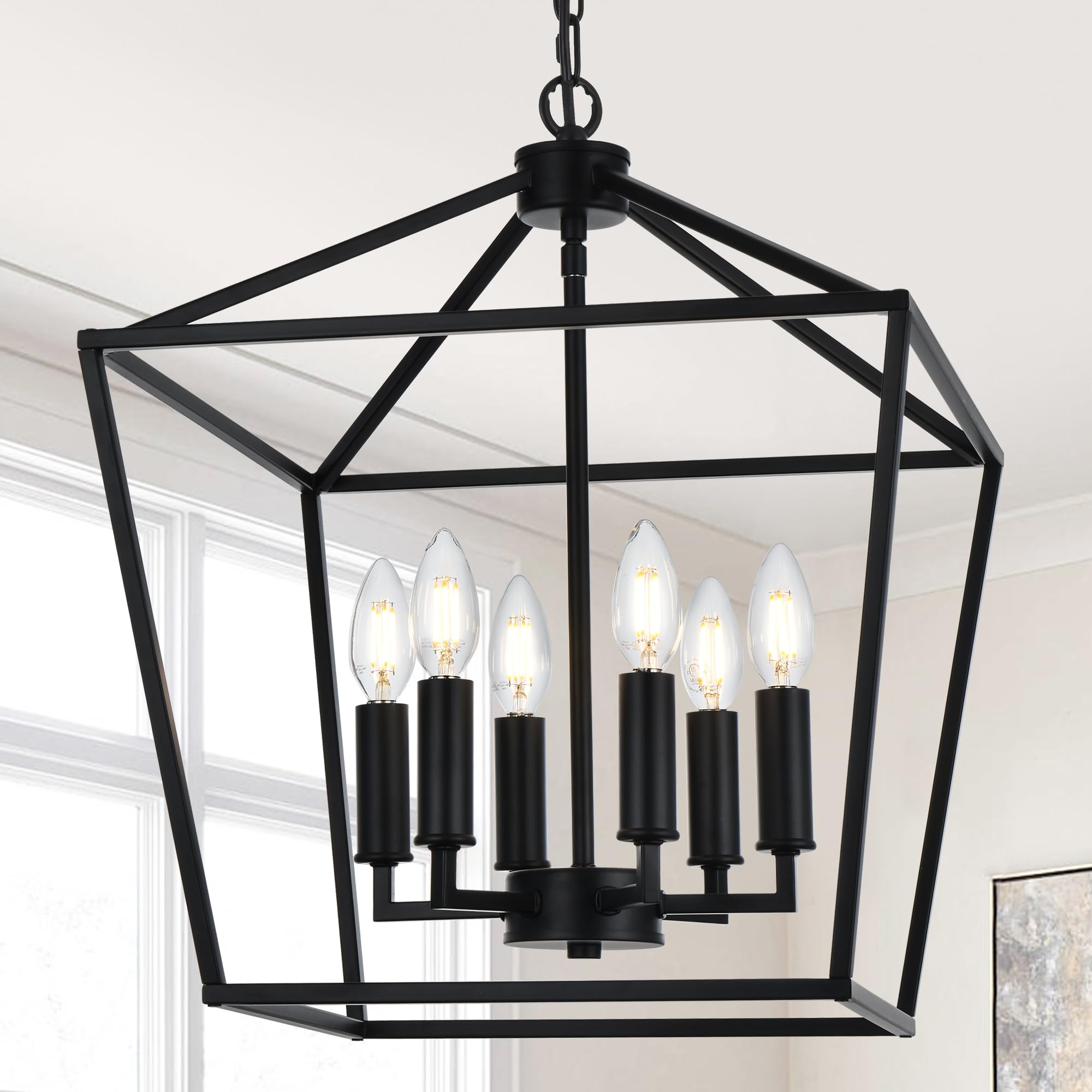 MELUCEE 6-Light Black Farmhouse Chandelier 16 Inches Cage Hanging Lights Rustic Lantern Pendant Lighting for Kitchen Island Dini