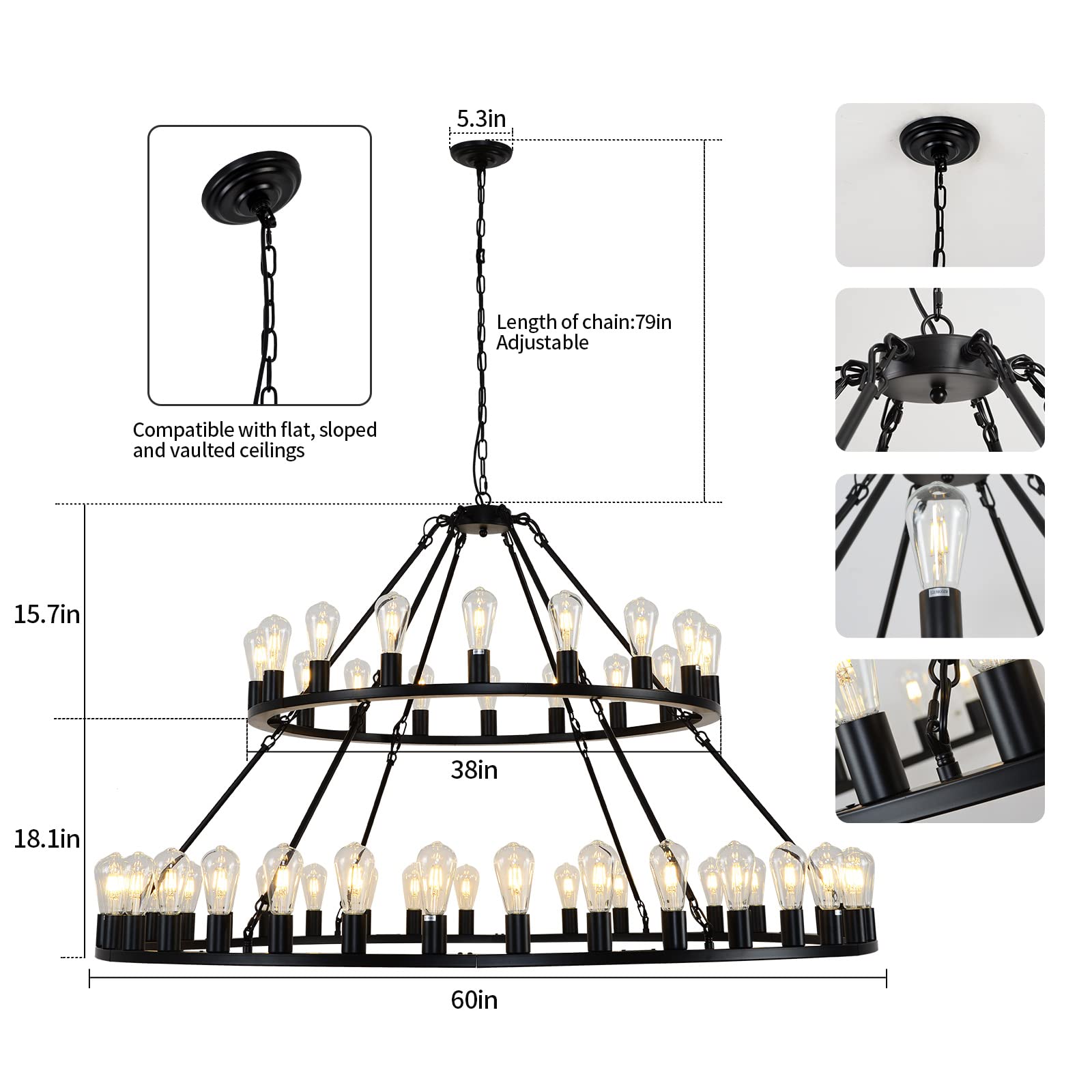 WOGON WEEL Wagon Wheel Chandelier, 2 Tier 54-Light, 60-inch Black Rustic Pendant Light for High Ceilings, Model chelun004