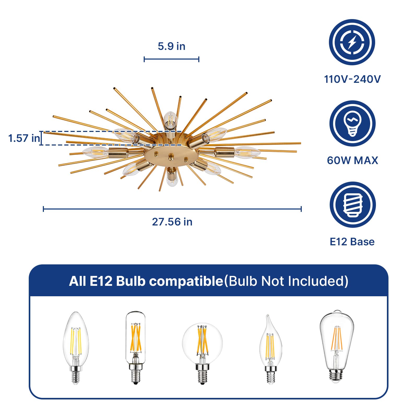 Yunnix 8-Light Gold Sputnik Chandelier - Modern Metal Ceiling Light for Dining Room, Kitchen, Bedroom, Hallway, Living Room