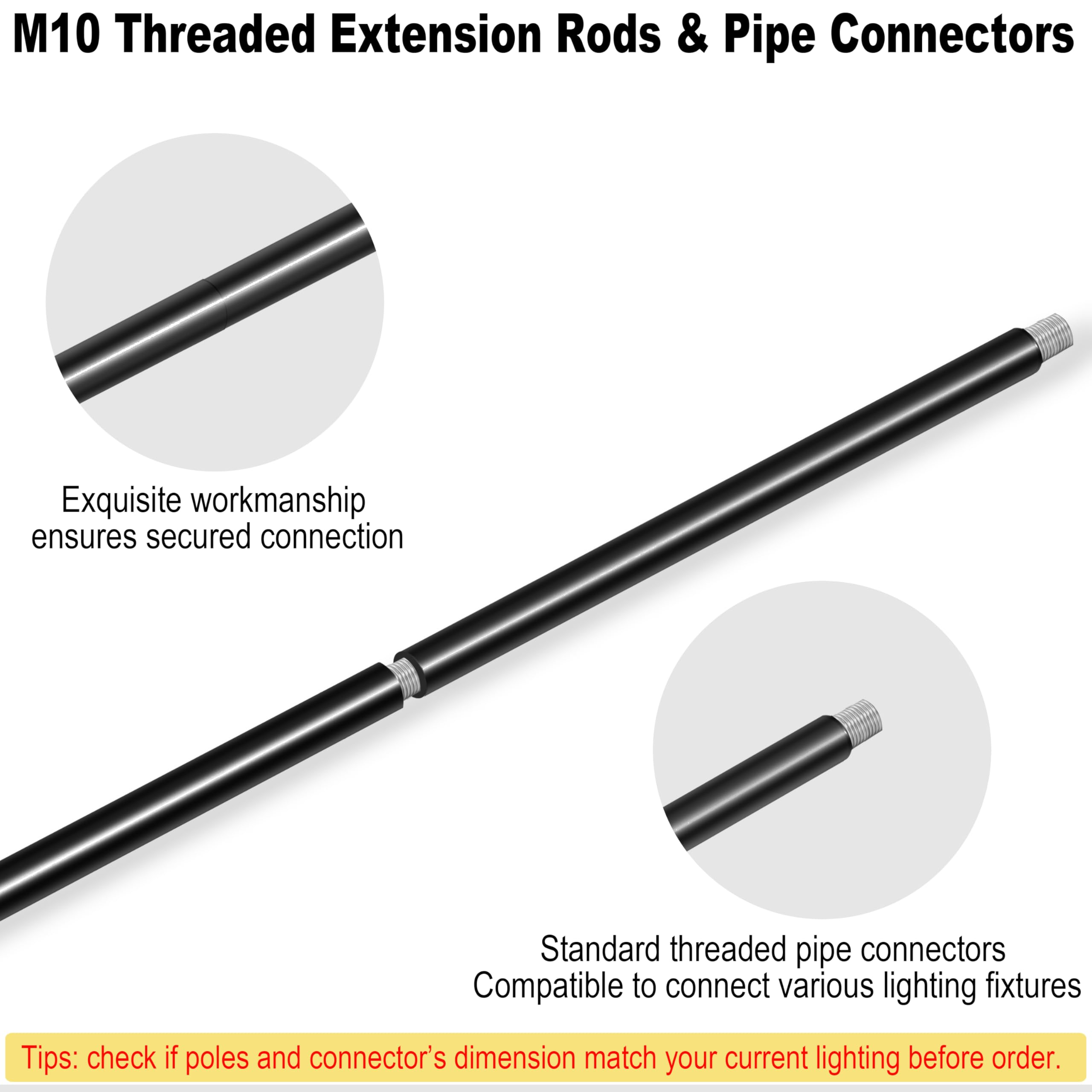 MAYOMAJO 8-Piece M10 Threaded Extension Poles Kit for Pendant Lights, Black, Model EXD-4+4, Includes Sloped Ceiling Adapter