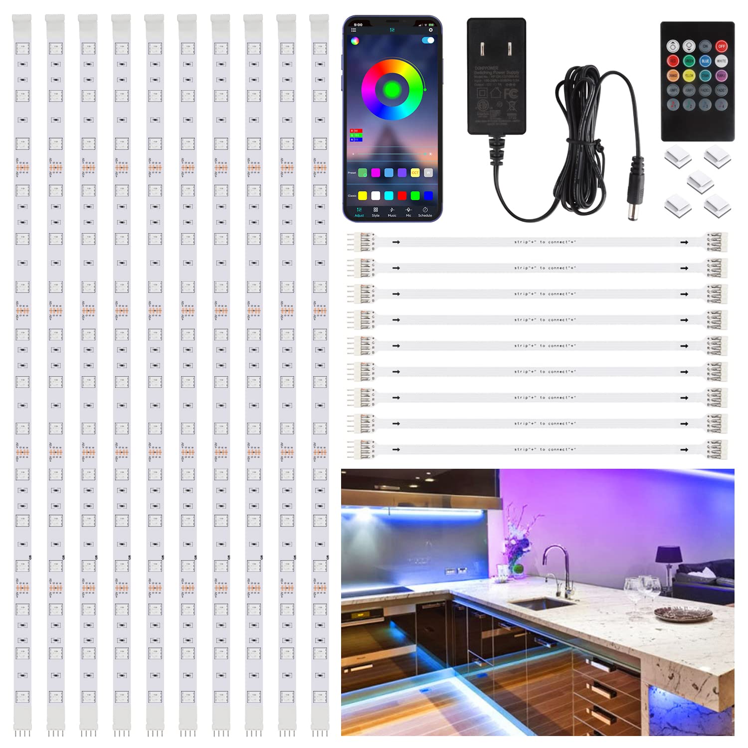SIXDEFLY RGB Under Cabinet Lighting Kit, 10 PCS, 16.4FT, Remote Control, Music Sync, White, Model RGB-16.4FT