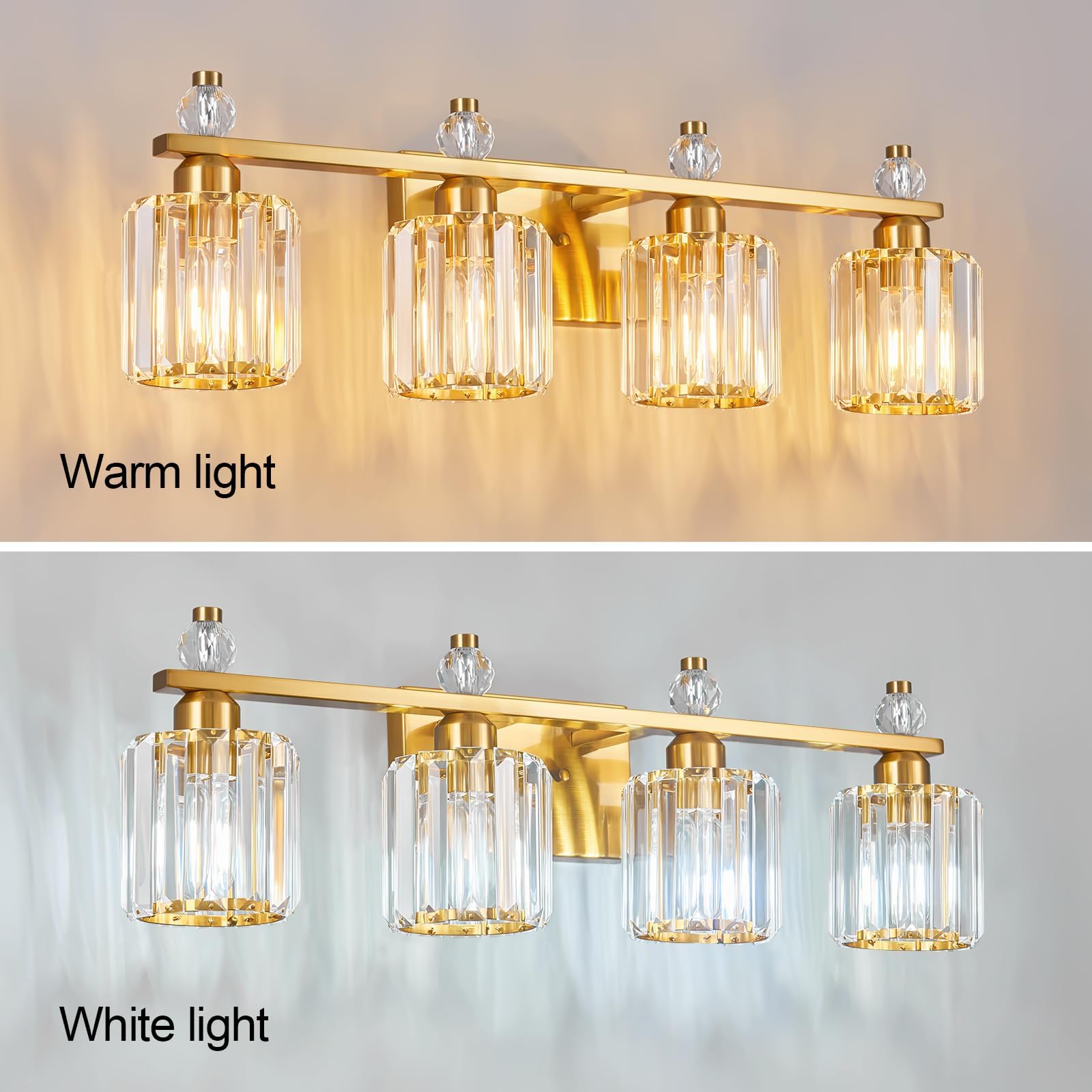FDPBY 4-Light Bathroom Vanity Lights Modern Crystal Fixtures Gold Round Metal Model 291