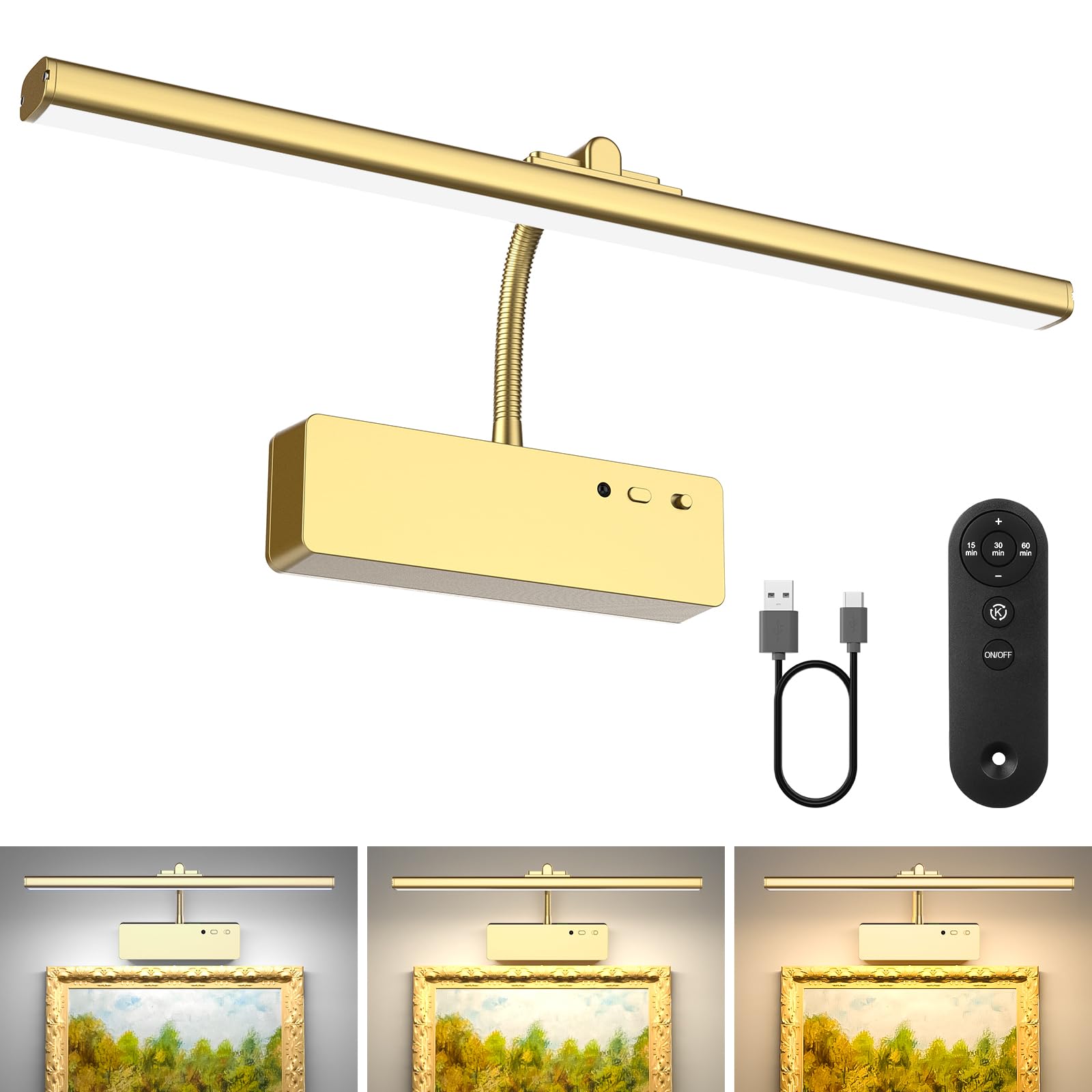Picture Light with Remote, 15.35inch Wireless Rechargeable Battery Wall Light for Paintings, 3 Colors Paintings Light Dimmable and Timer Metal Art Light for Display, Wall, Artwork, Gallery (Gold)