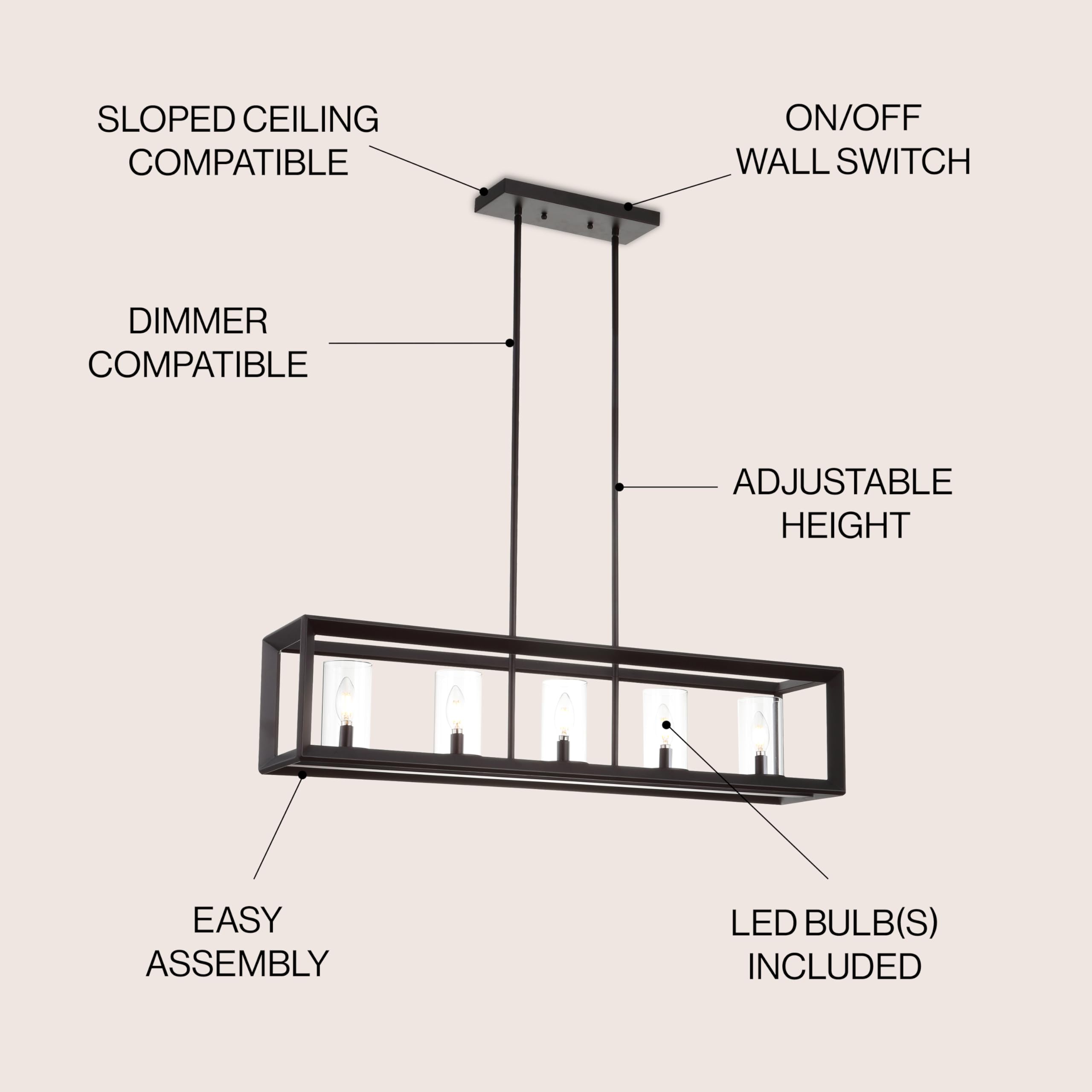 JONATHAN Y LED Pendant Light, 5-Bulb, Metal/Glass, Oil Rubbed Bronze/Clear, Model JYL7414A, Contemporary Design for Dining Room, Kitchen,