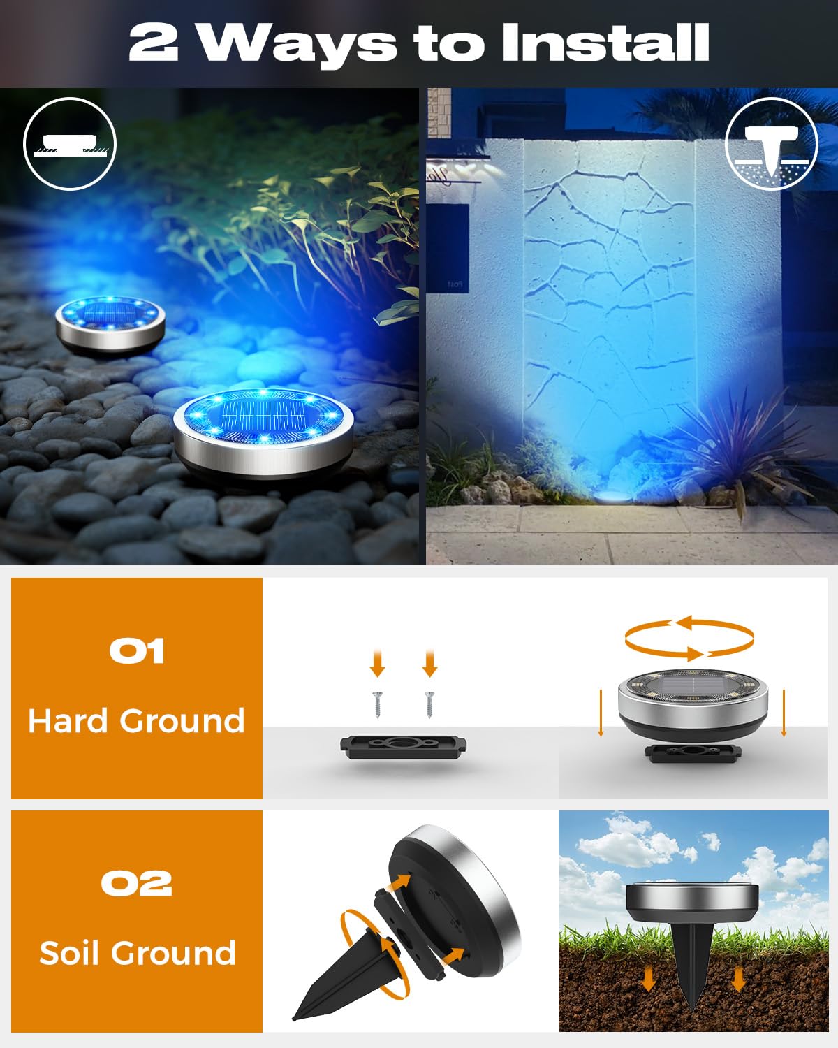 Btfarm 16 Pack Solar Ground Lights Outdoor, 8 Led Solar Disc Lights Ip65 Waterproof Flat Solar Lights, Pathway Lights Solar Powe