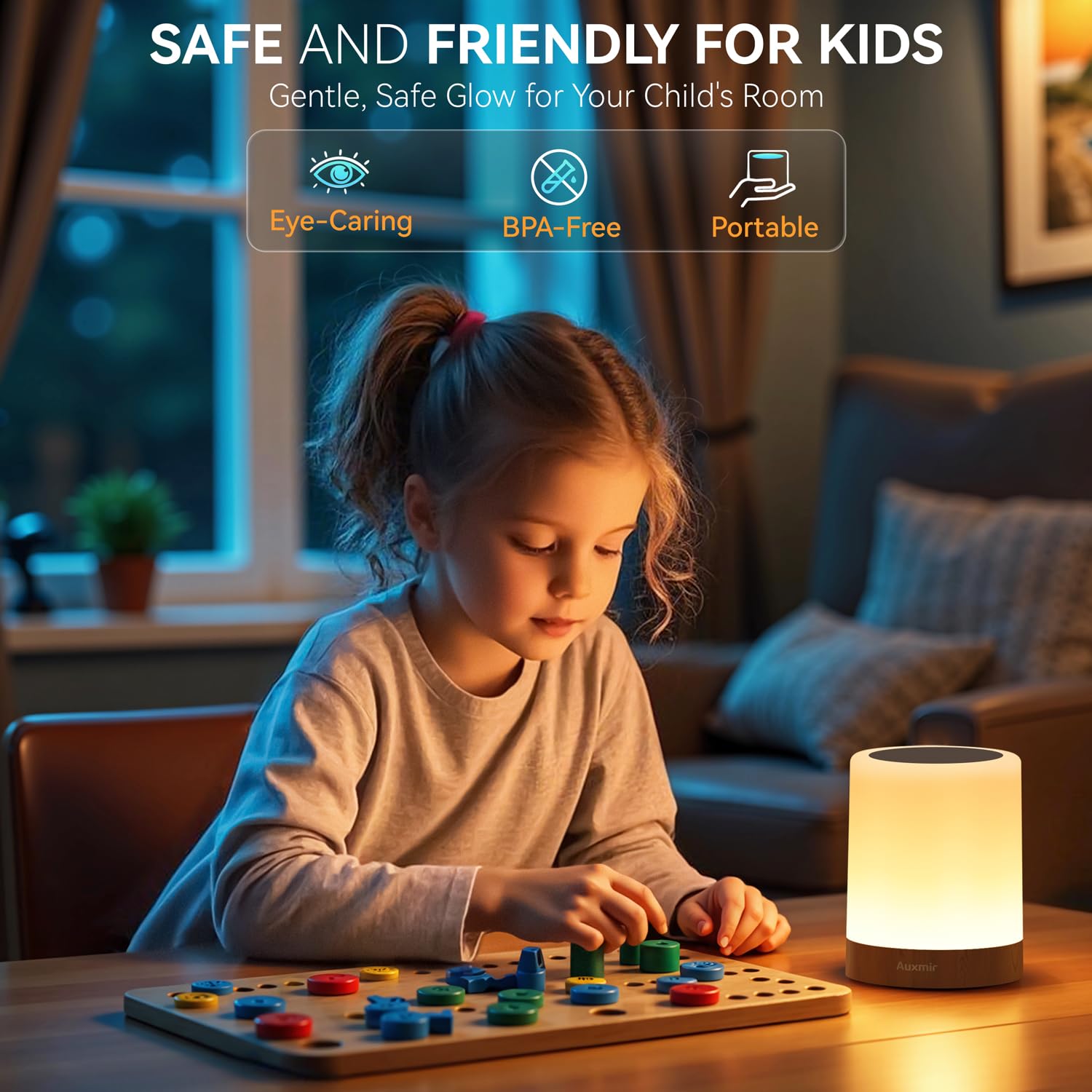 Auxmir LED Night Light Tabletop Lamp, Dimmable, 13 Colors, 5 Brightness, Rechargeable, Remote & Touch, Classic Brown, Model M1
