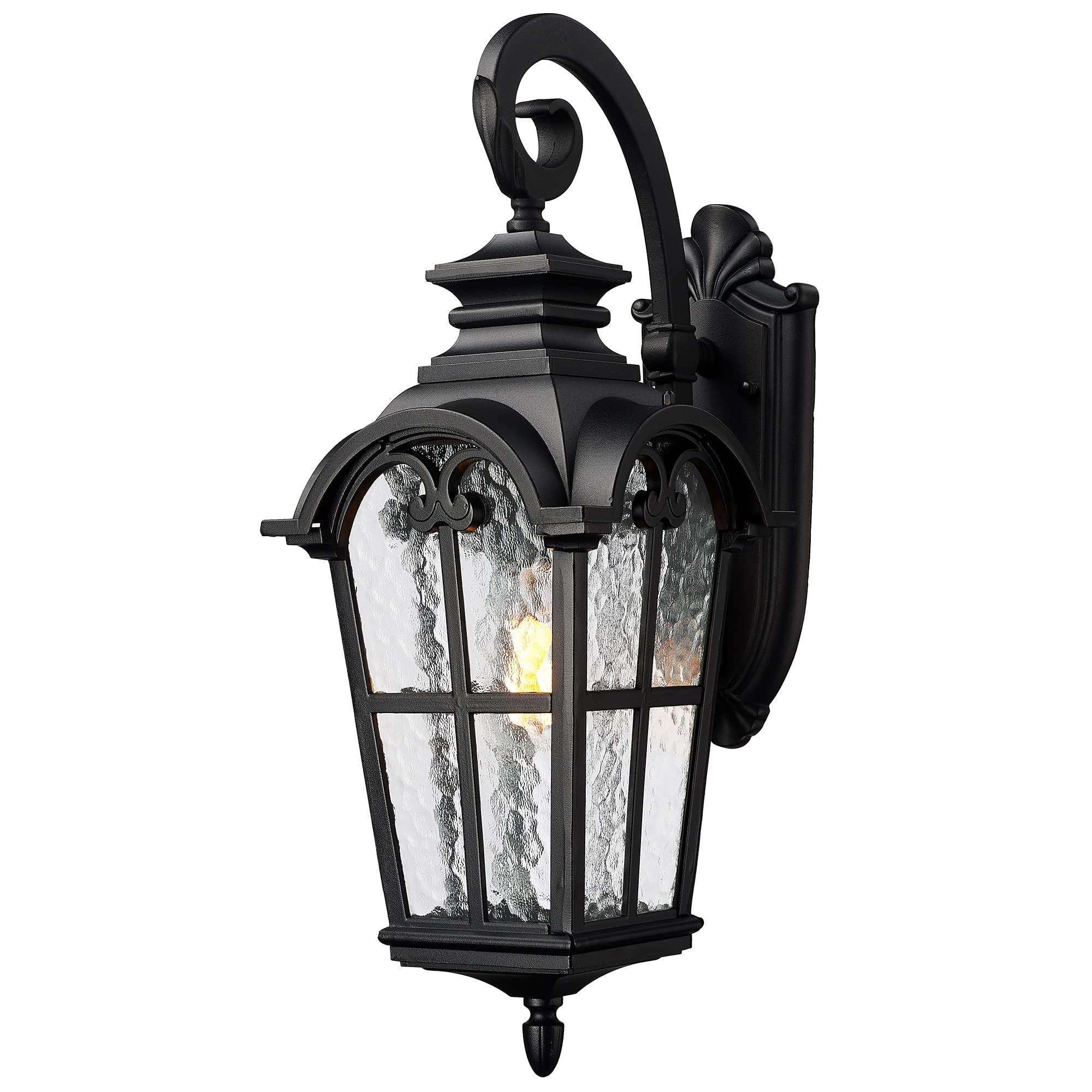 Emliviar Farmhouse 25 Inch Outdoor Wall Lantern Sconce, 1-Light Large Patio Wall Light Fixture with Water Grain Glass, Black Fin