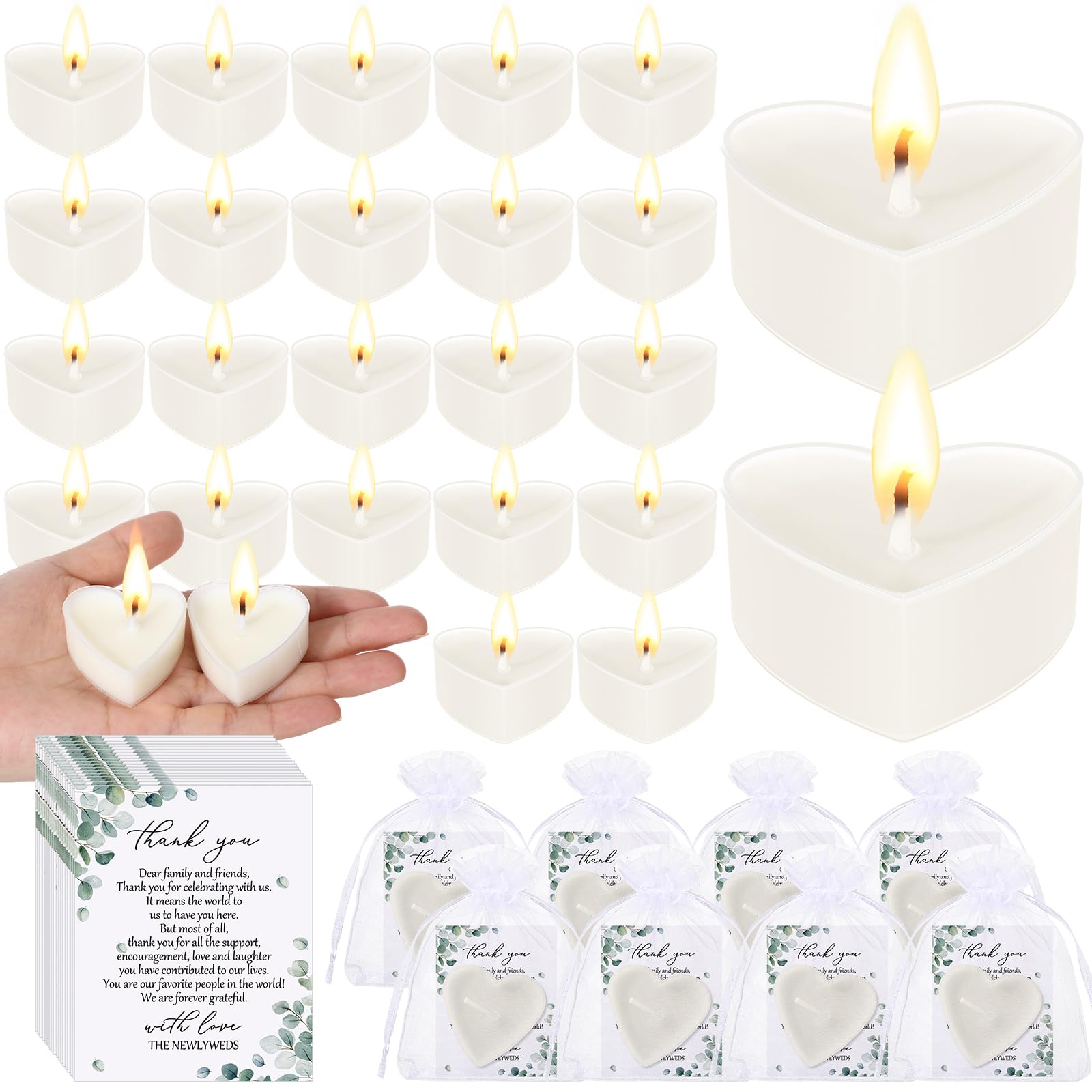 Conelist 54 Sets Wedding Favors for Guests 54 Heart Shaped Candles Mini Soywax Tealight Candles 54 Thank You Cards and 54 Organz