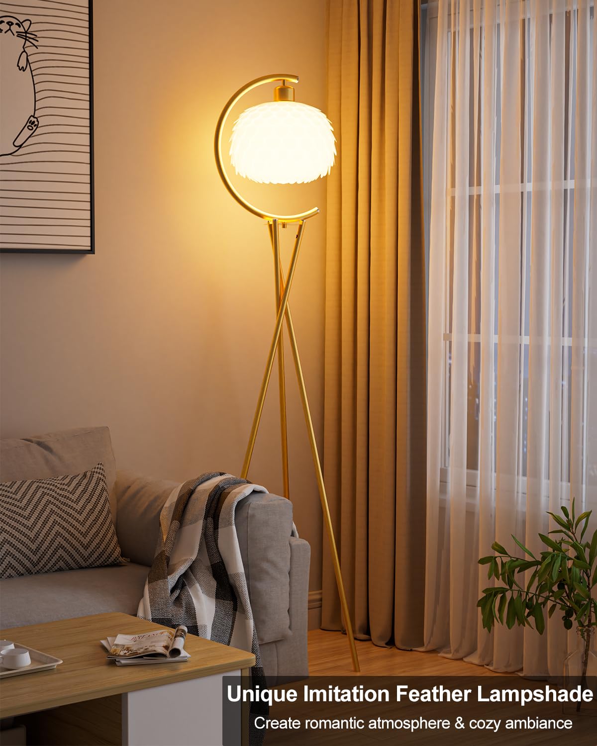 Lightdot Modern Floor Lamp With Arc Imitation Feather Lampshade Gold Tripod Floor Lamp With E26 3000K Bulb Stable Base Vintage T