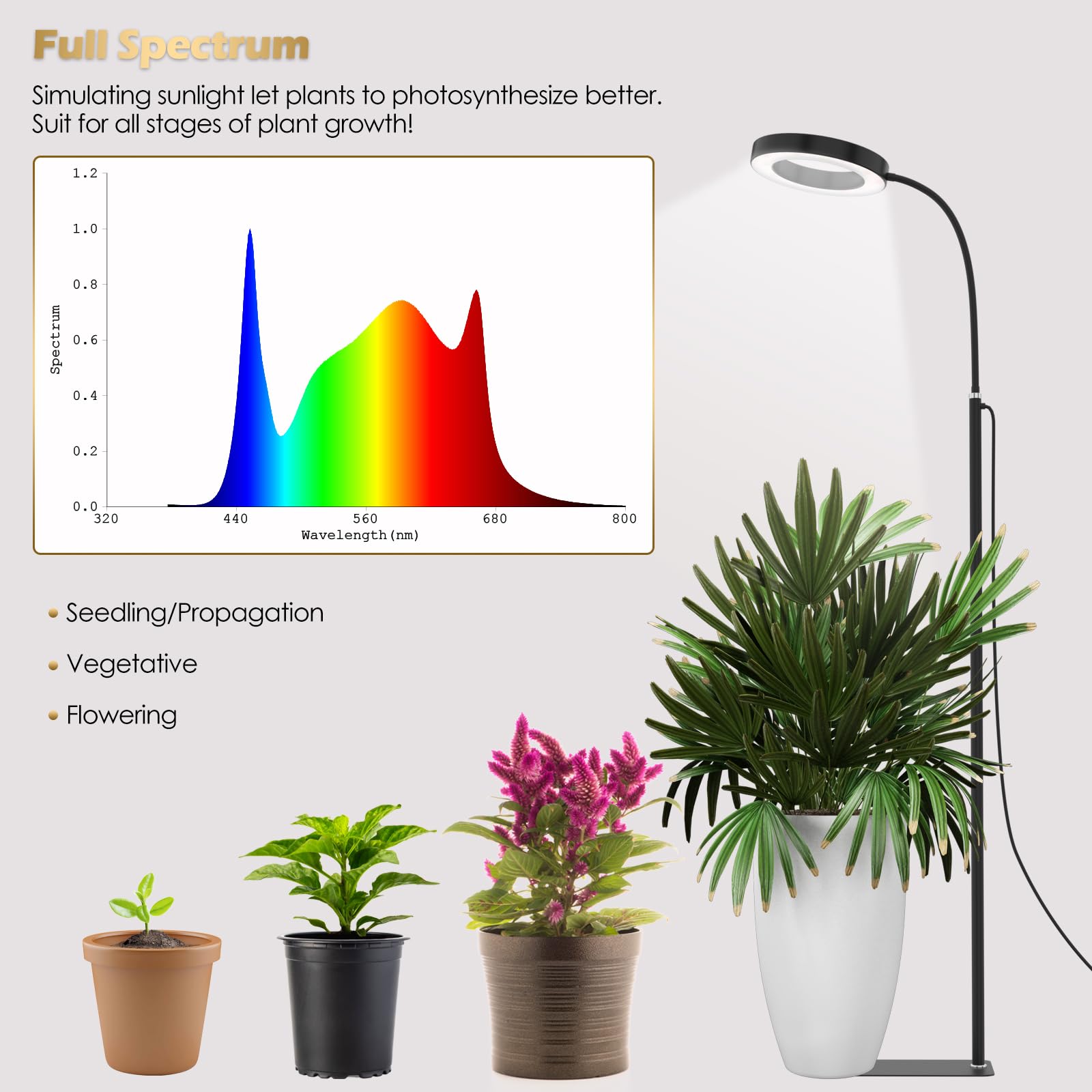 GLOWRIUM 20W Full Spectrum LED Grow Light Floor Lamp, Adjustable Height & Angle, Black with 3/9/12H Timer for Indoor Plants