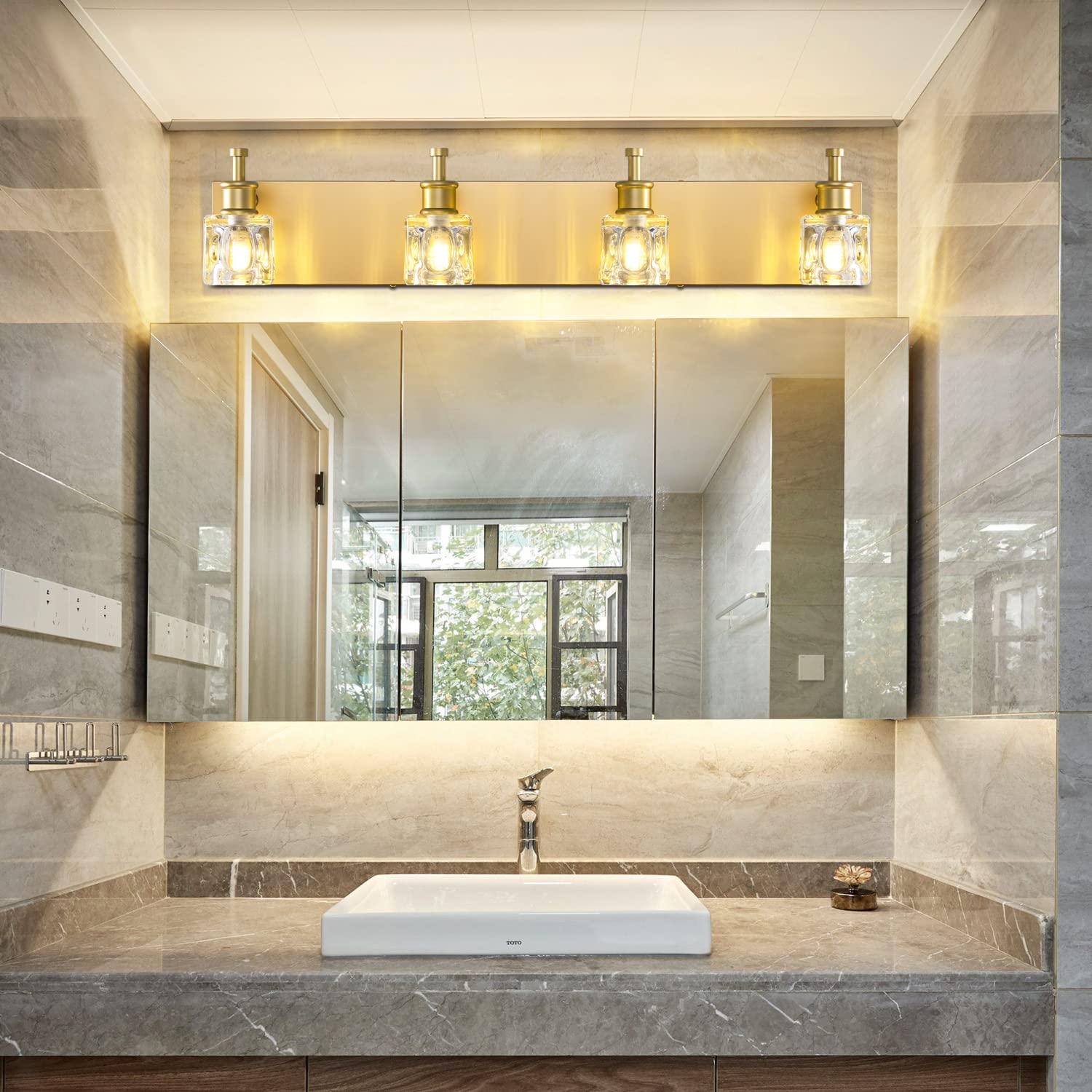 PRESDE Modern Crystal Bathroom Vanity Light - 4-Light Gold Fixture Over Mirror, Excludes Bulb, Model 476e546c-b841-4f4f-a519-bb35d