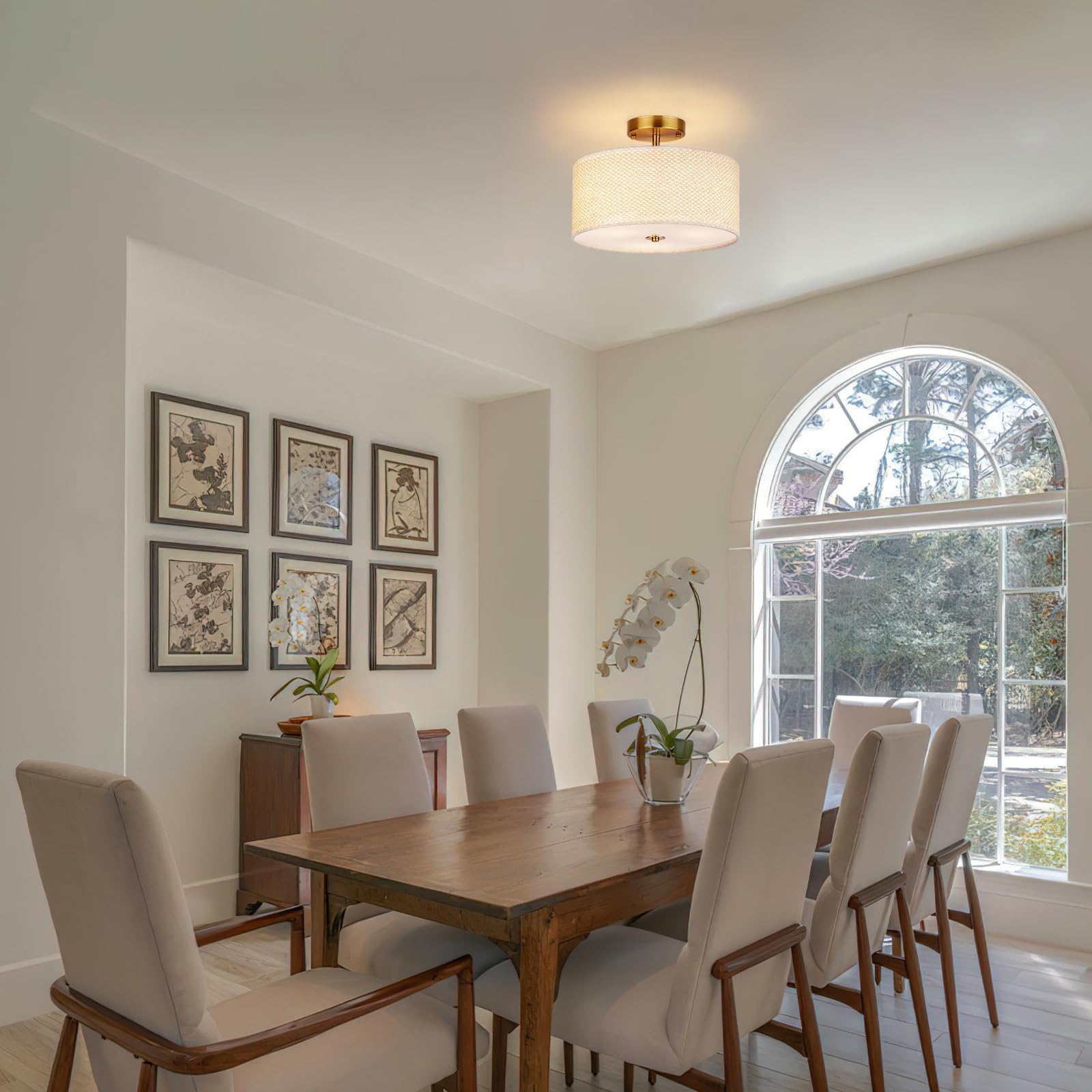 Clarsyne 13 Boho Rattan-Style Semi Flush Mount Ceiling Light Fixture  3-Light Modern Fabric Shade Drum Lamp  White Rustic Lighting For Bedroom  Kitchen  Dining Room  Living Room  Hallway  Entryway