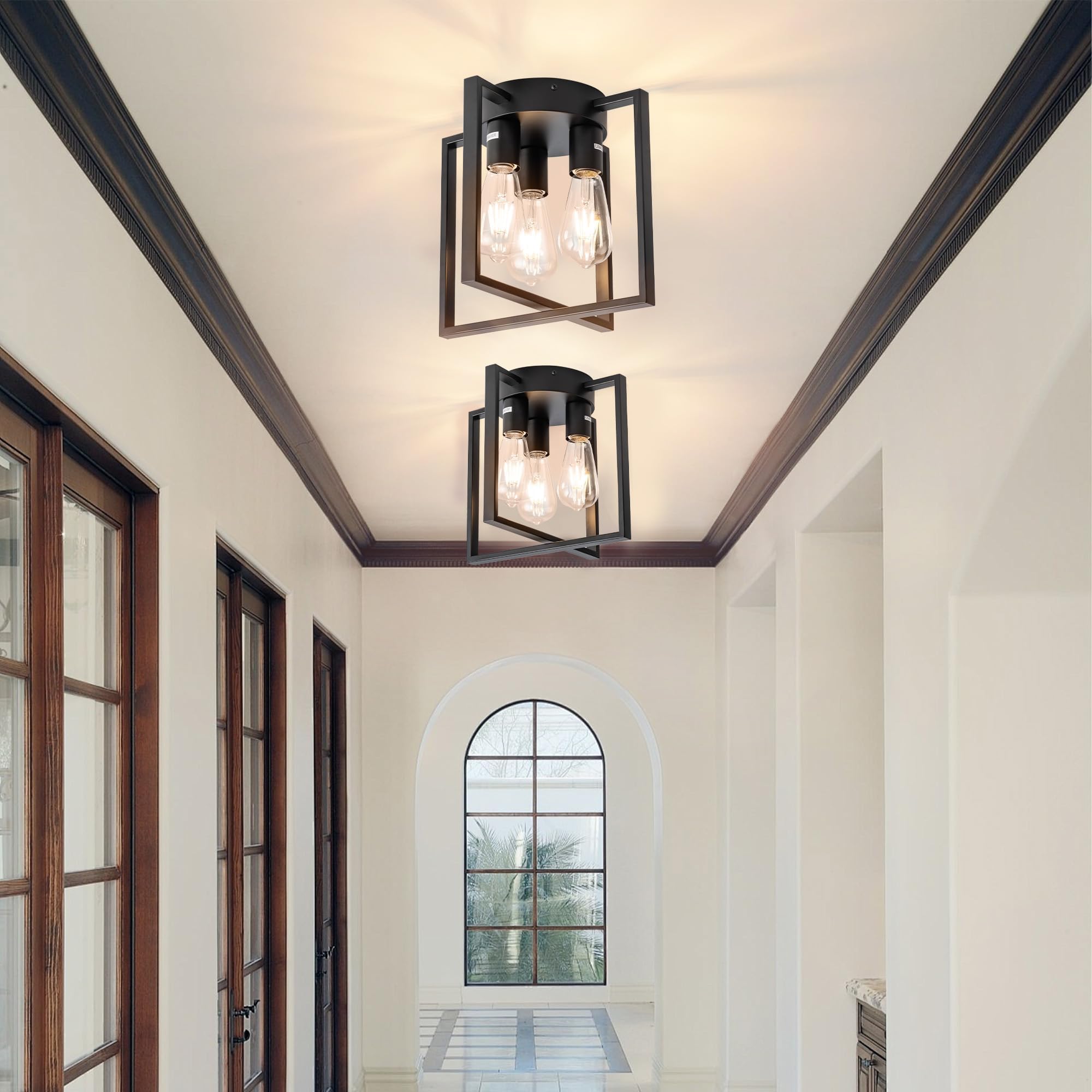 Leip 3-Light Ceiling Light Fixture, Semi-Flush Mount Light With Contemporary Geometric Metal Cage, Farmhouse Industrial Lighting