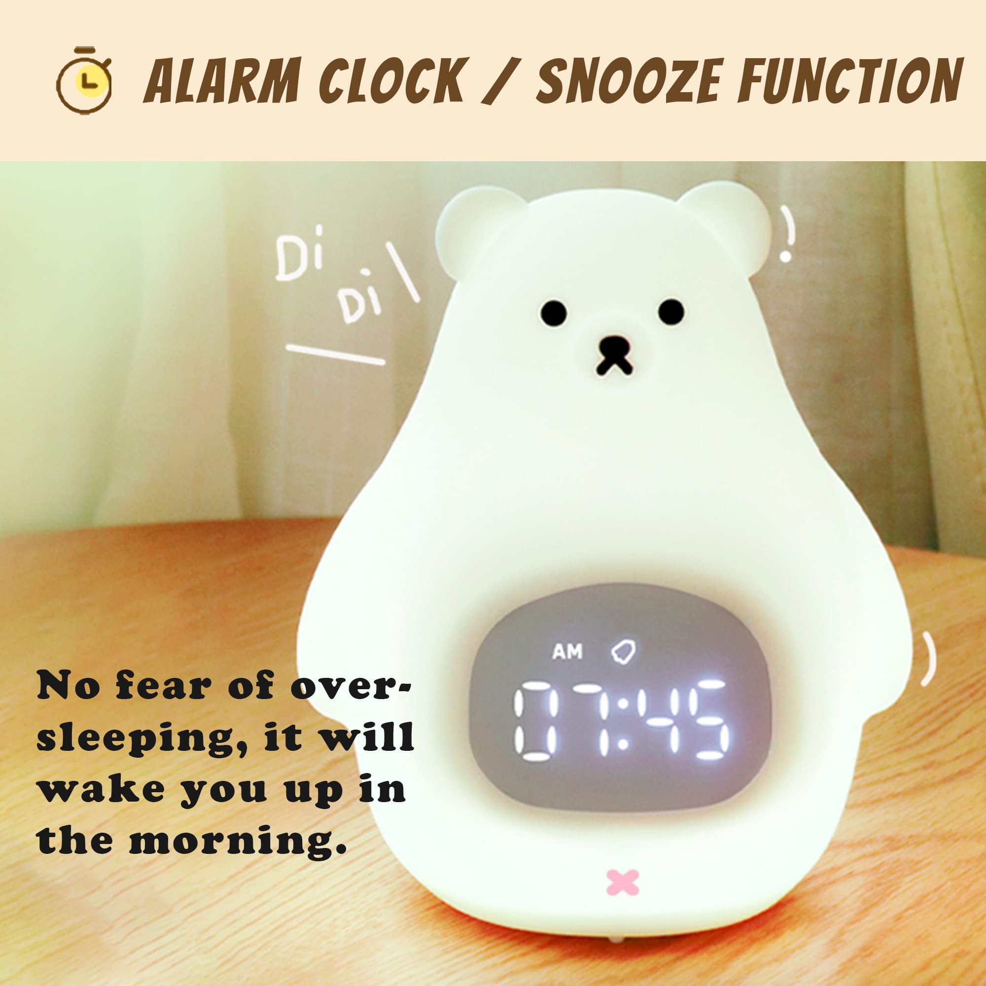 JROSING Bear Night Light, Cute Kids Alarm Clock, Soft BPA-Free Silicone Portable Nursery Lamp, Children USB Rechargeable Nightli