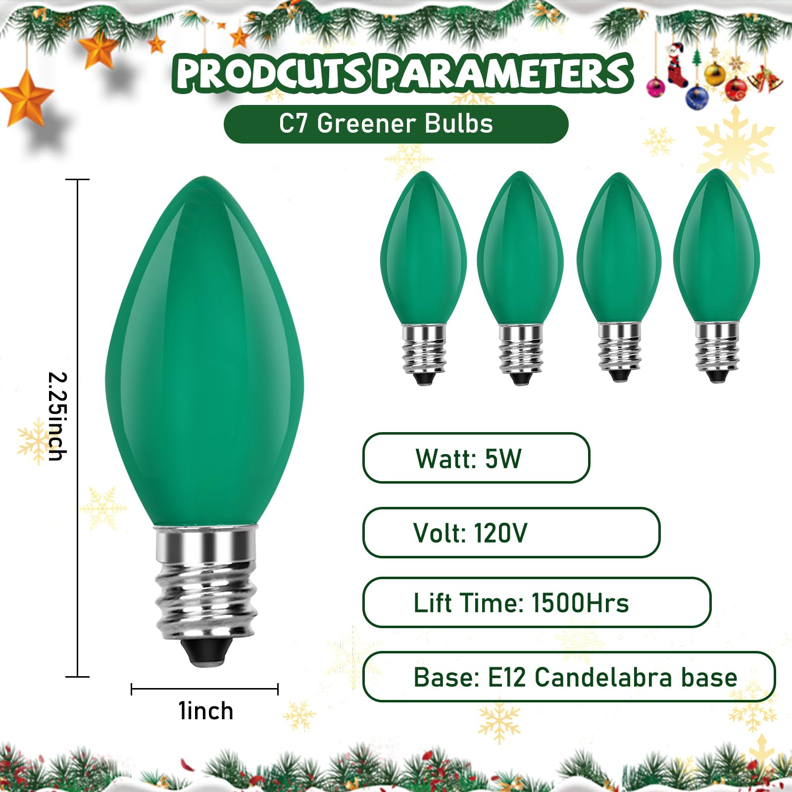 25 Pack C7 Green Light Bulbs Christmas Decorations Replacement Bulbs, C7 Ceramic Green Incandescent Light Bulbs, 5 Watt Night Li