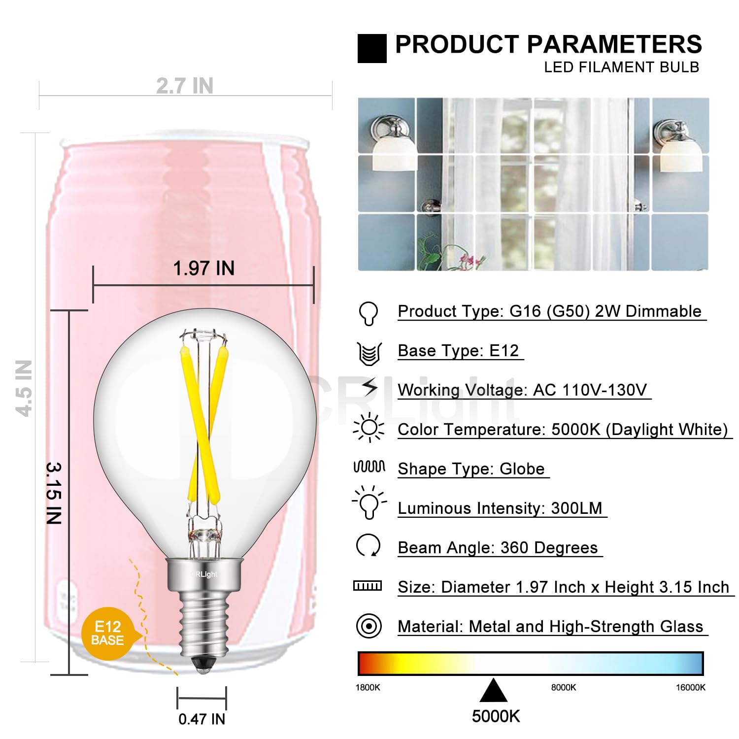 Crlight 2W Candelabra Led Globe Bulb, 5000K Daylight White, Dimmable, E12,