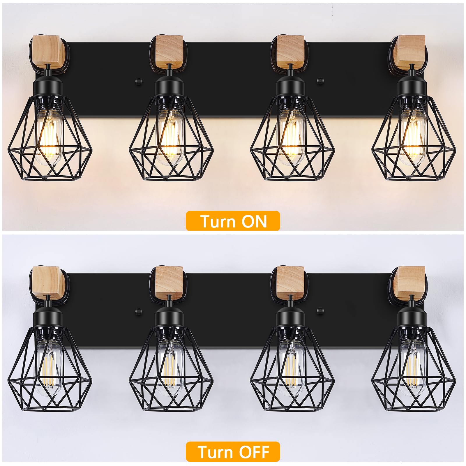 FadimiKoo 4-Light Bathroom Light Fixture, Rustic Wood & Black Metal, Model FBD-04, Over Mirror Sconce for Living Room, Bedroom, Hallway