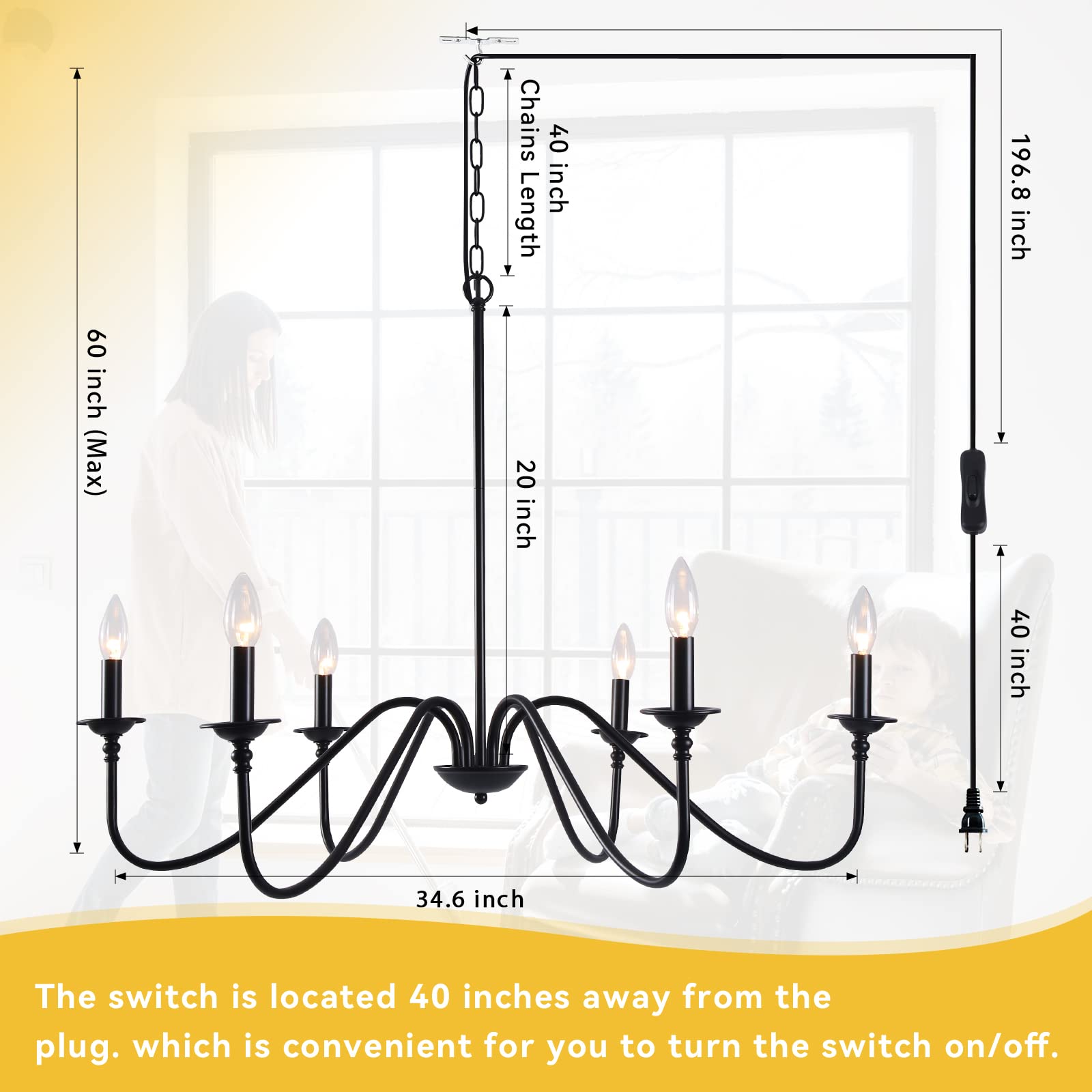 Hoxiya 34.6&quot; Black Chandelier - Pre-Assembled Farmhouse Hanging Light For Living Room & Bedroom