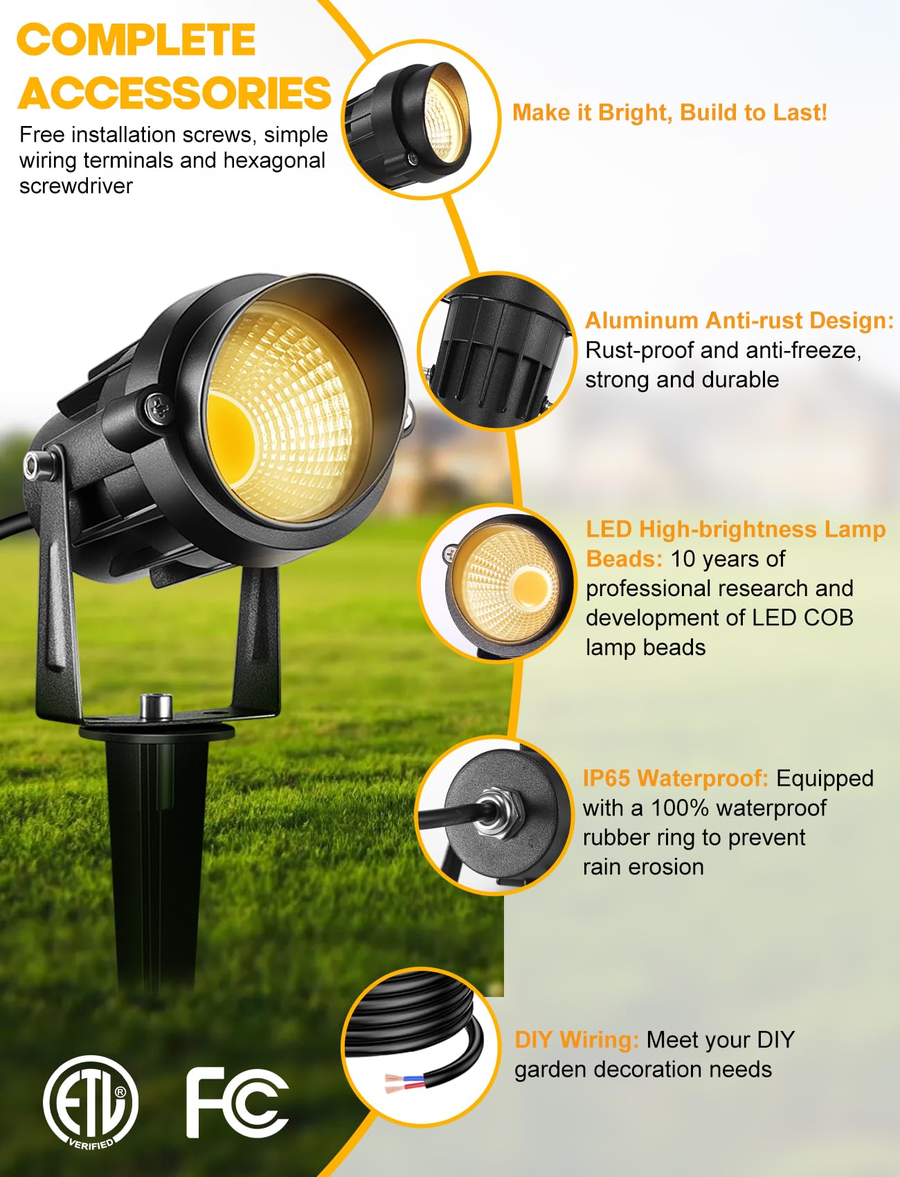 LemonBest 12W Low Voltage LED Landscape Lights, 4 Packs, Warm White, IP65 Waterproof, 12V Spotlight for Garden & Pathway