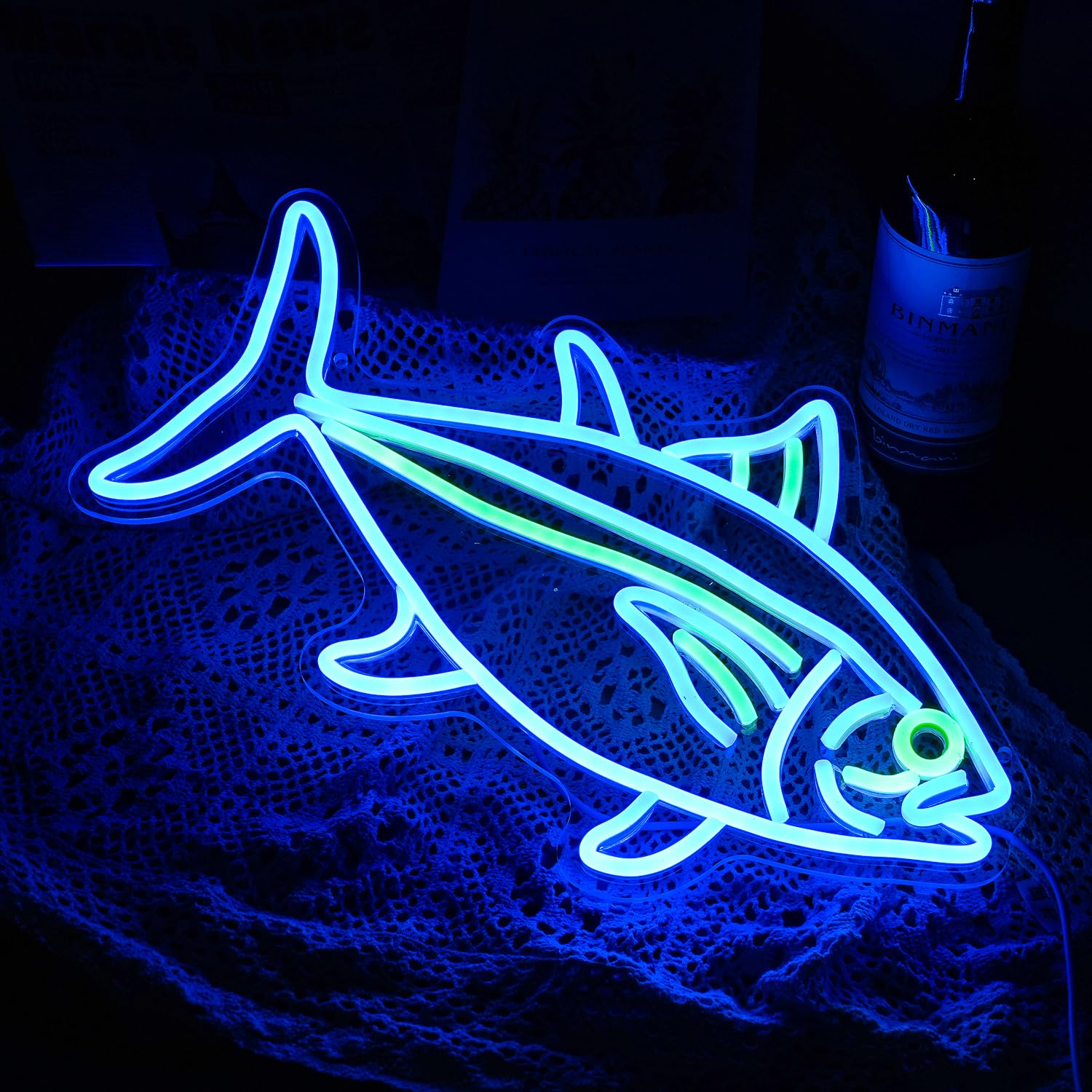 GNVETZLL Tuna Neon Sign - Dimmable LED Wall Decor - Blue Green - 16.9inx9.6in - Ideal for Bedroom, Living Room, Restaurant, Office