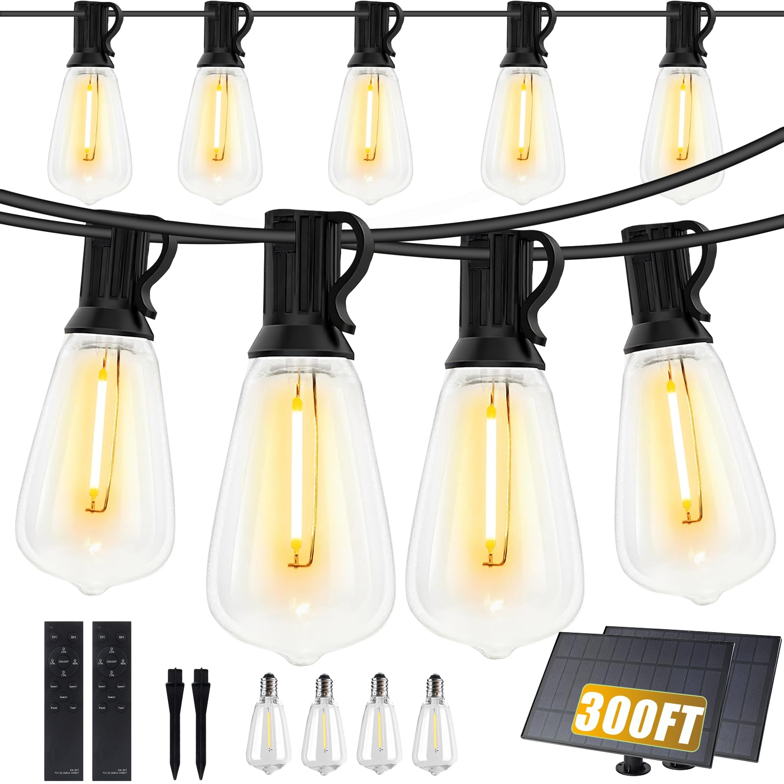 VUAA 150FT Solar Outdoor String Lights Waterproof, Solar Powered Patio Lights with 52 Shatterproof ST38 Edison Bulbs & Remote Co