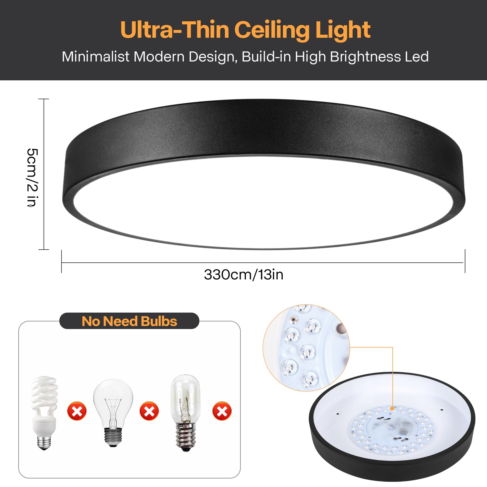 Enateclite Matte Black Flush Mount Ceiling Light, 3000-5000K 13Inch Modern Bedroom Lighting Fixtures Ceiling Mount, Dimmable Ove