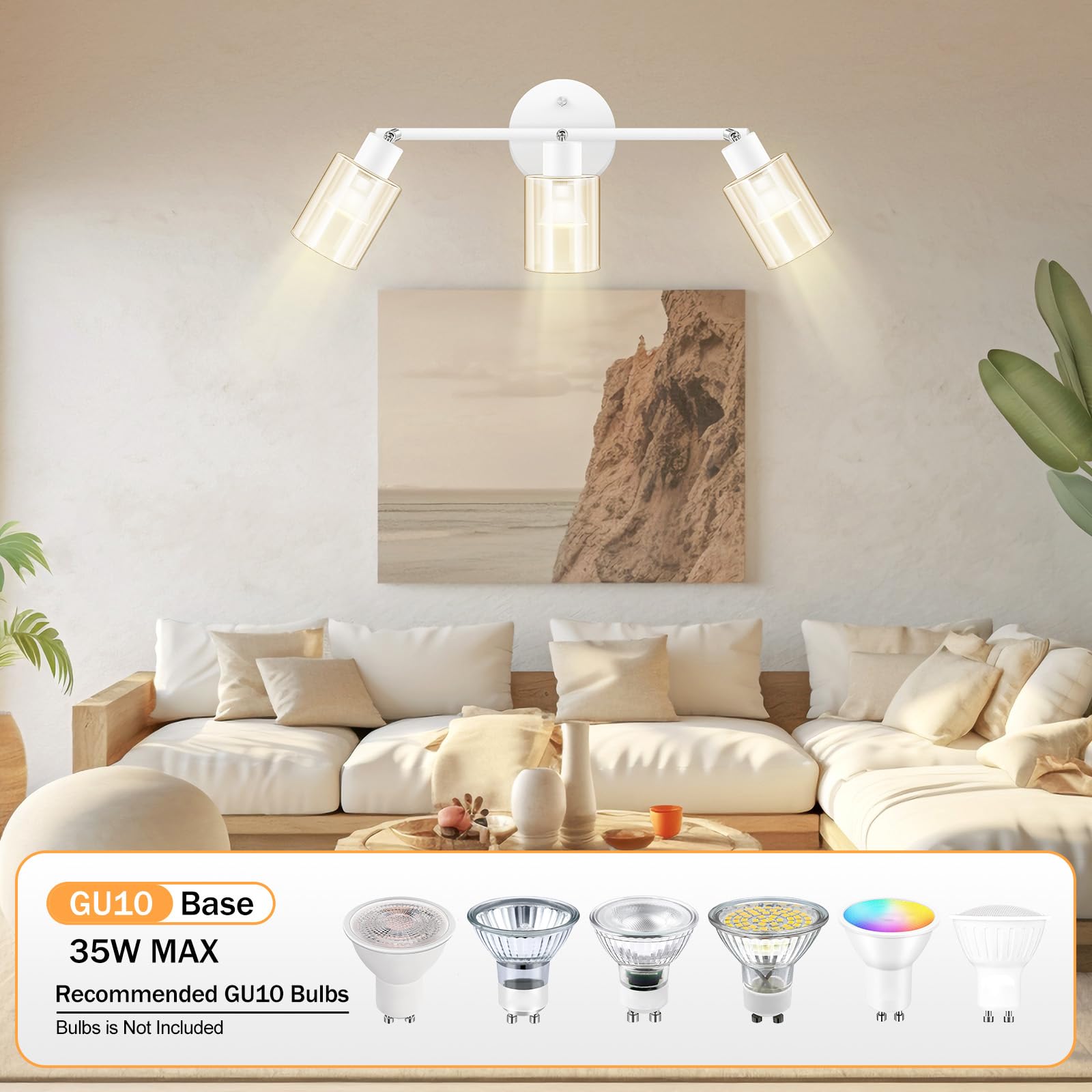 Boostarea 3-Light Bathroom Light Fixtures, White Modern Vanity Wall Lights With Clear Glass Shade,Flexibly Ceiling Light For Mir