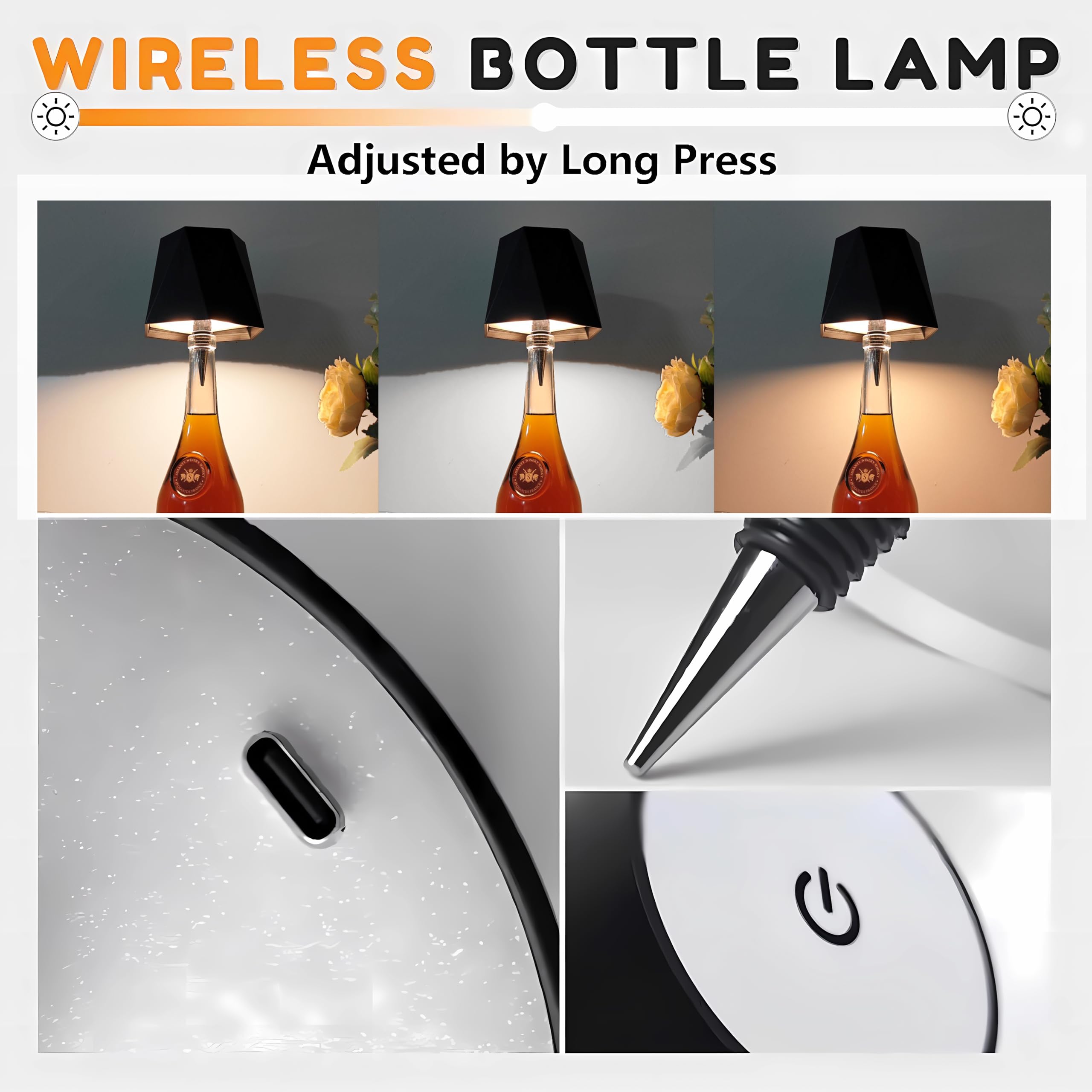 Jkeyes 2Pcs Black Wireless Liquor Wine Bottle Lamp Touch Dimmable 3 Color Stepless Bottle Light 5000Mah Battery Powered Lamp, Re