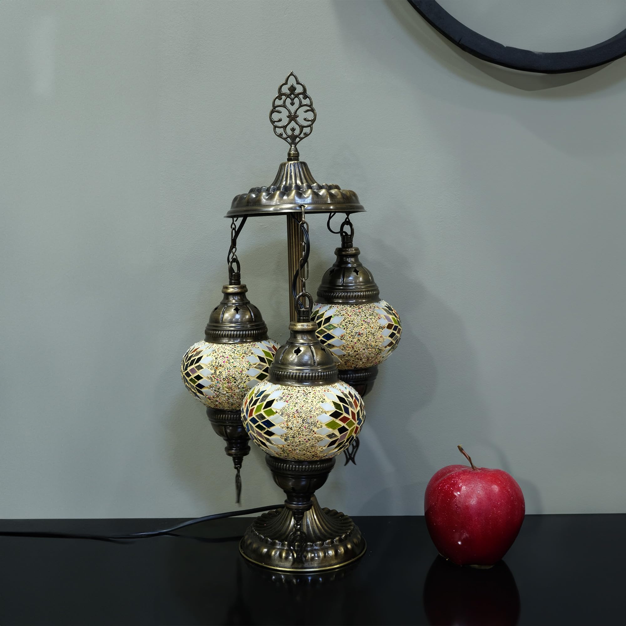 Asylove 3 Globe Turkish Mosaic Table Lamp, 12x12x24 inch, Yellow Mix, Glass, Model 3GlobeAPNo2, Ideal for Living Room & Office Decor
