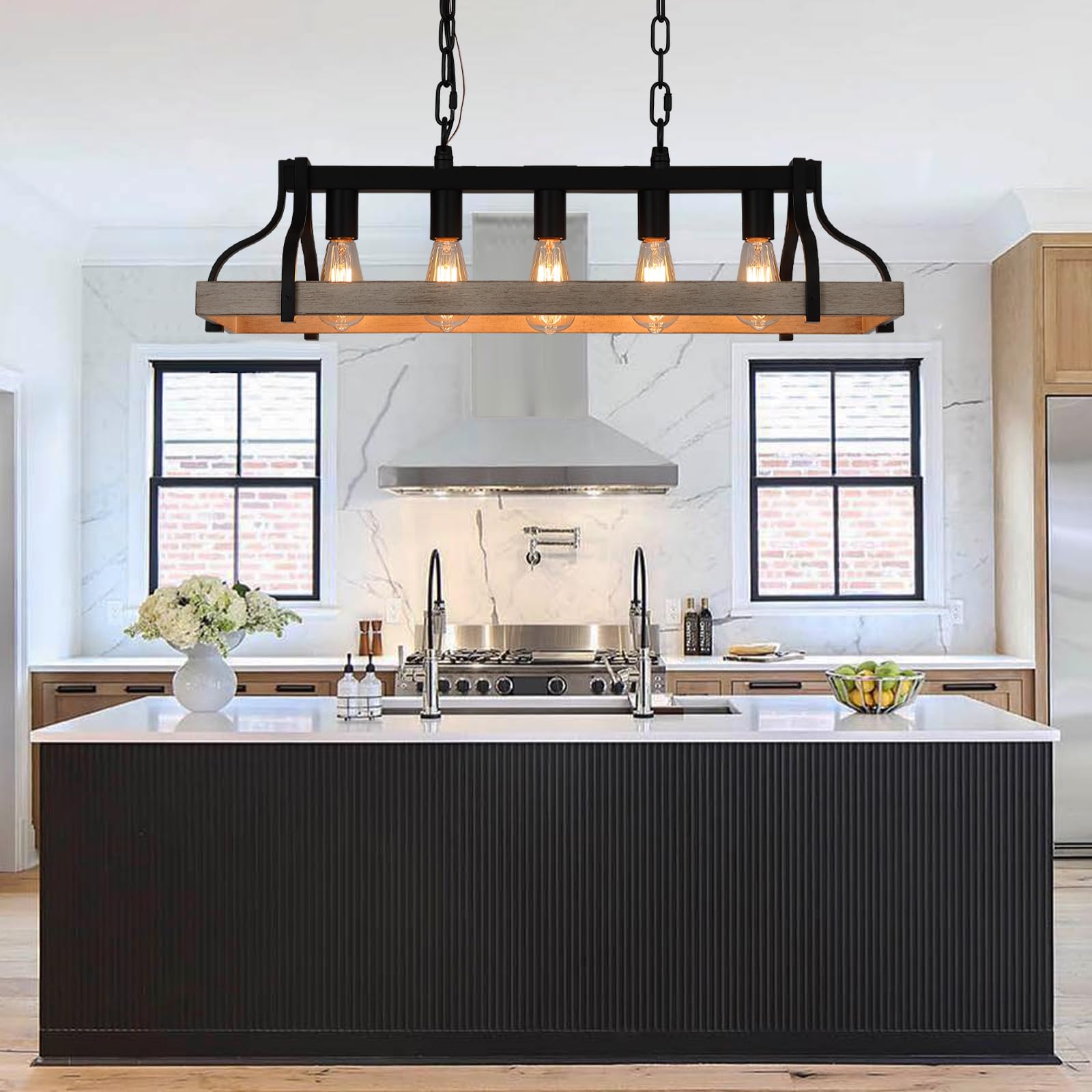 MEIXISUE 5-Lights Linear Chandelier - White Birch & Black Metal Finish, Farmhouse Industrial Lighting for Dining Room & Kitchen