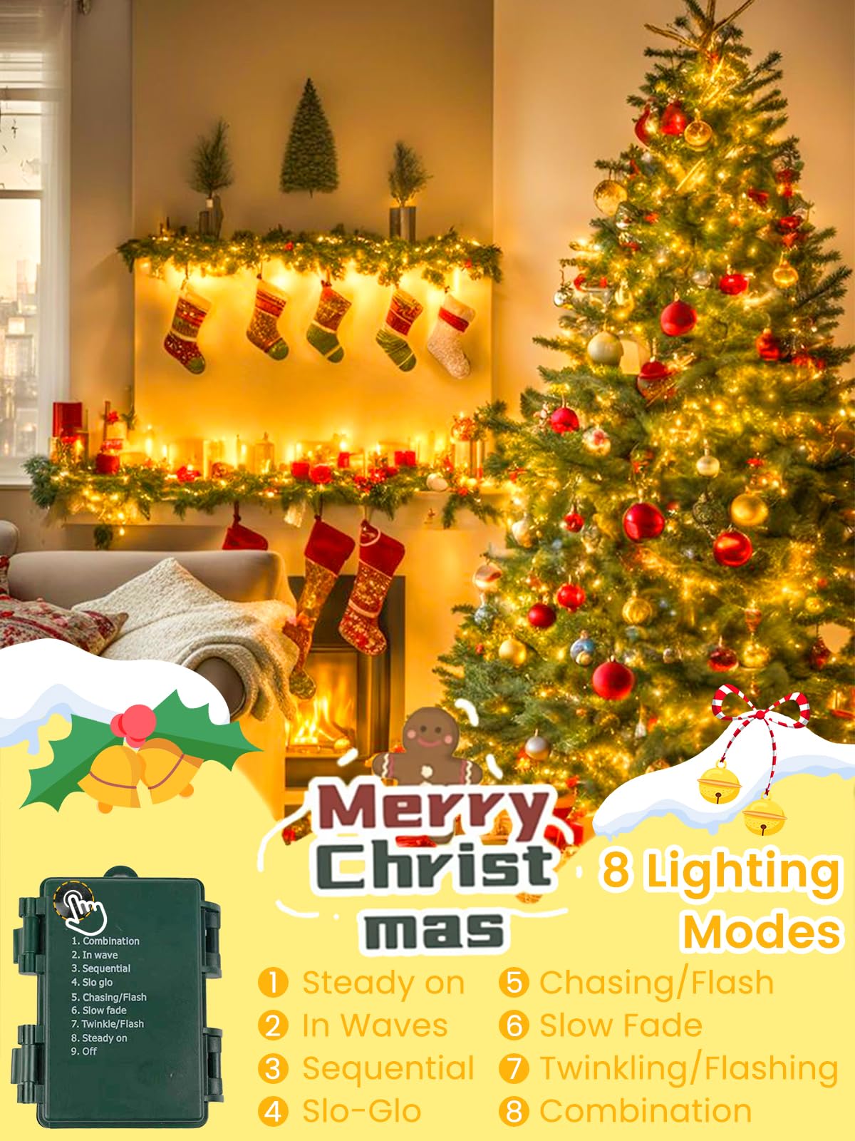 2 Pack Battery Operated Christmas Lights With Timer  66Ft 200 Led Waterproof Battery Twinkle Light  8 Modes Green Wire Fairy Lights For Indoor & Outdoor Bedroom Tree Christmas Decorations (Warm White)