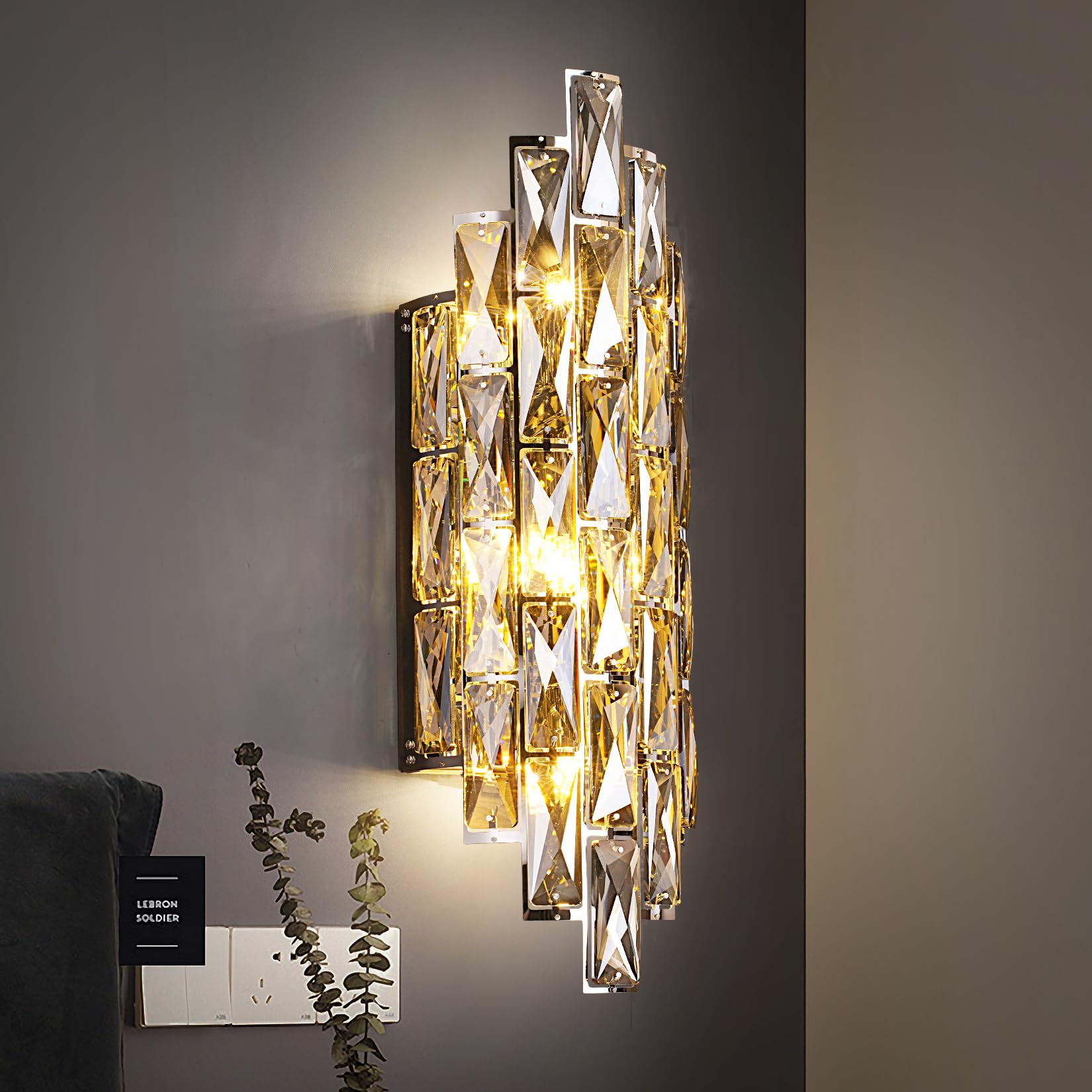 Kaiyuan Crystal Wall Sconce, Smoky Gray Light Fixture for Bedroom, Bathroom, Living Room