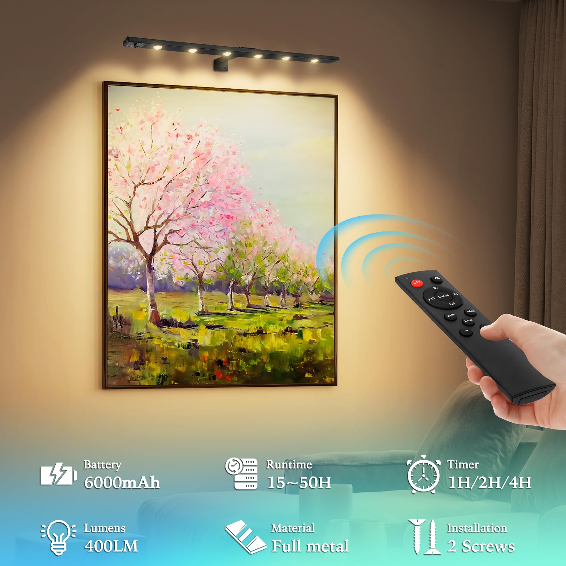 Tintindoc 22''Wireless Led Picture Light Battery Rechargeable 6000Mah Full Metal,Painting Light For Wall With Remote Control,3 Lighting Dimmable Timer Off, Art Light For Display Wall Picture, 400Lm