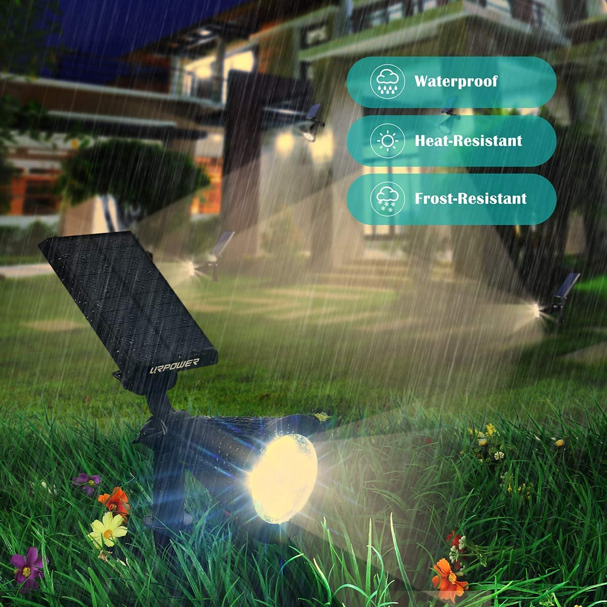URPOWER Solar Spotlight Outdoor Lighting, 2-in-1 Adjustable, Auto On/Off, Durable Plastic, 4 Pack, Warm White, Model SL10x4