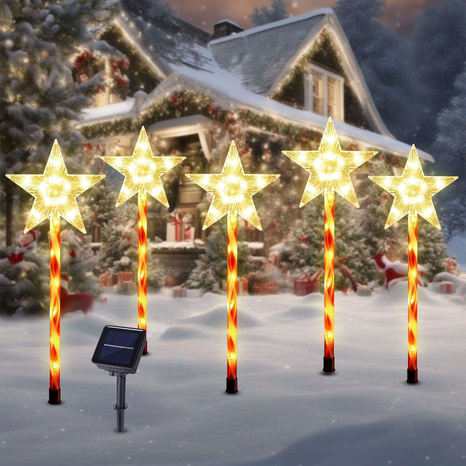 BRIGHTDECK Christmas Solar Pathway Lights Outdoor Decorations, Modes Star Candy Lights Waterproof Led Garden Stake Light for Wal