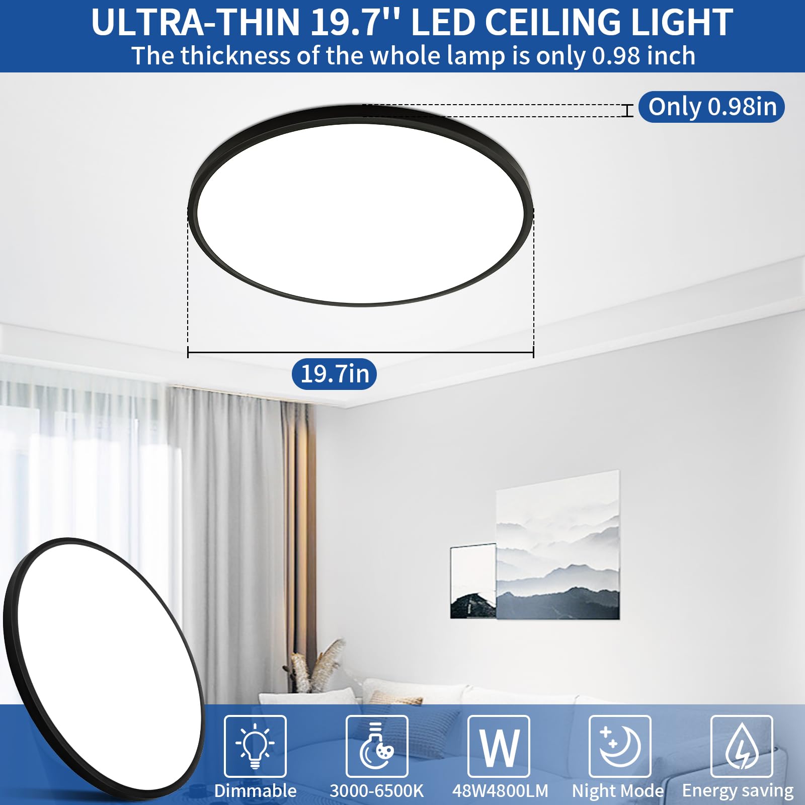 Glowall 20 Inch Black Led Ceiling Light, Dimmable With Remote Control, Modern, Ultra Thin Flush Mount, Round Light Fixtures, 48W, 4800 Lumen, For Bedroom, Living Room, Kitchen, Dining Room