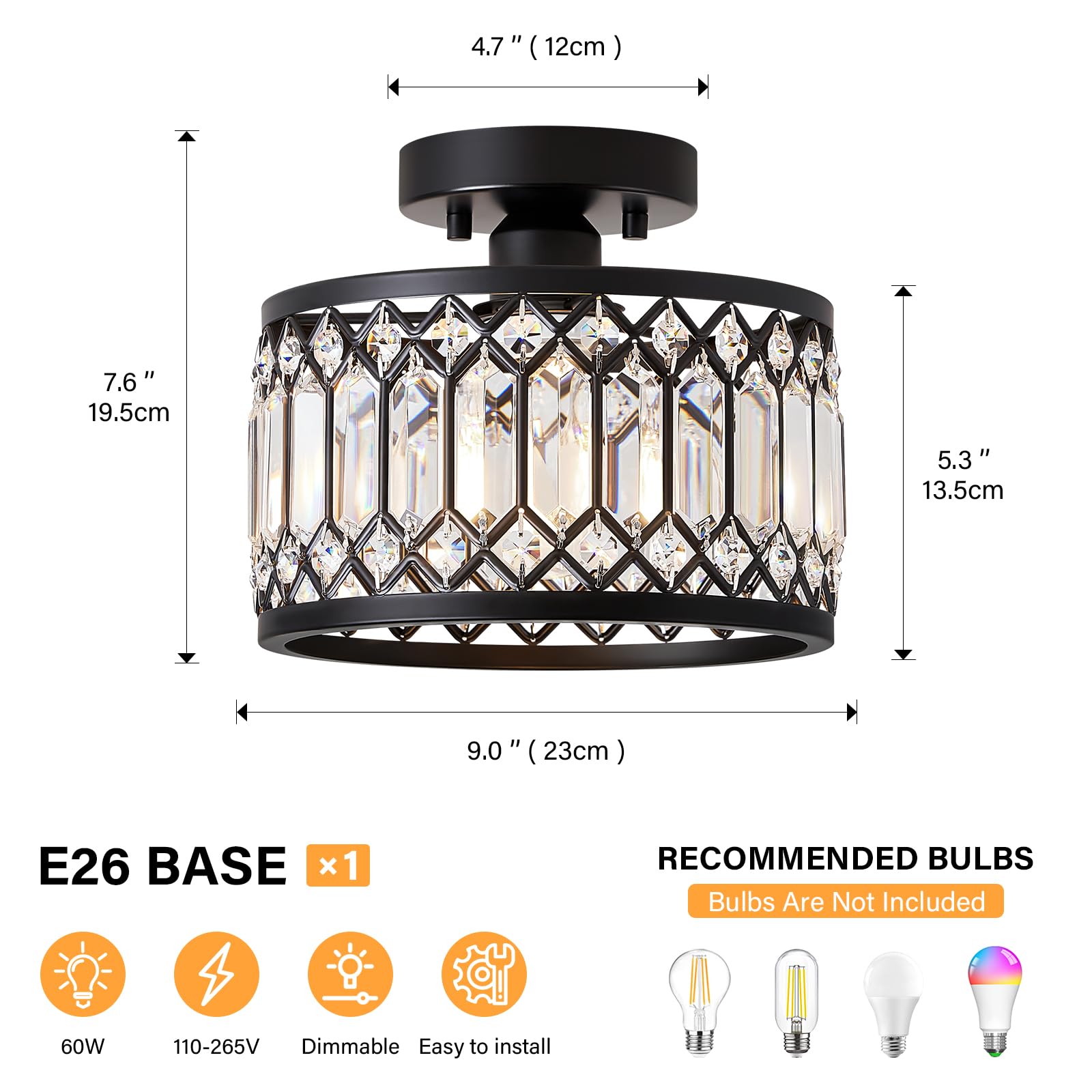 Yurnyq Crystal Ceiling Light Fixture, Modern Semi Flush Mount Ceiling Light, Black Lighting Fixtures Ceiling Lamp For Hallway, K