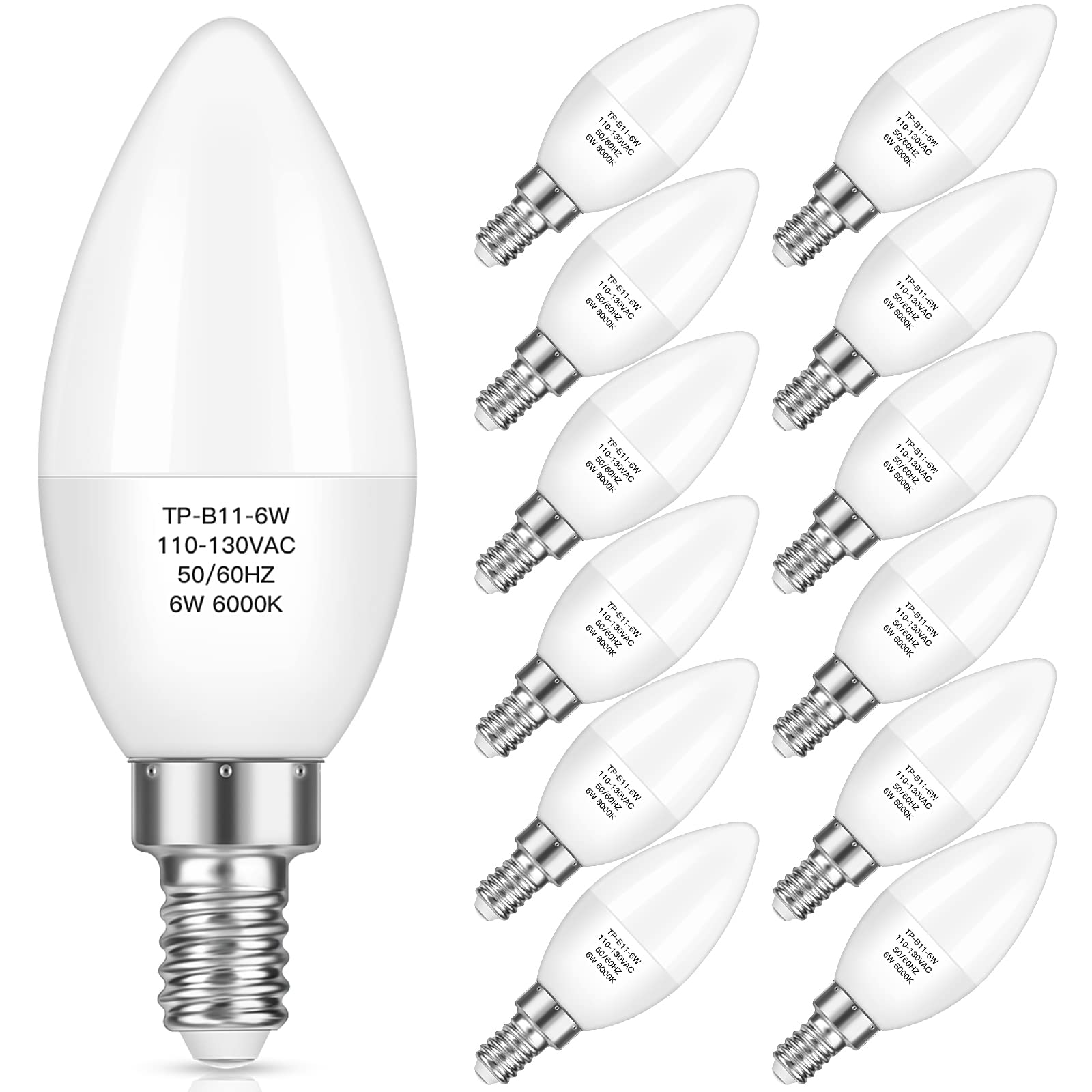 Maxvolador E12 Candelabra Led Bulbs 60W Equivalent, 6W 600 Lm, Cool White, 12-Pack, Non-Dimmable, B11 Candle Base