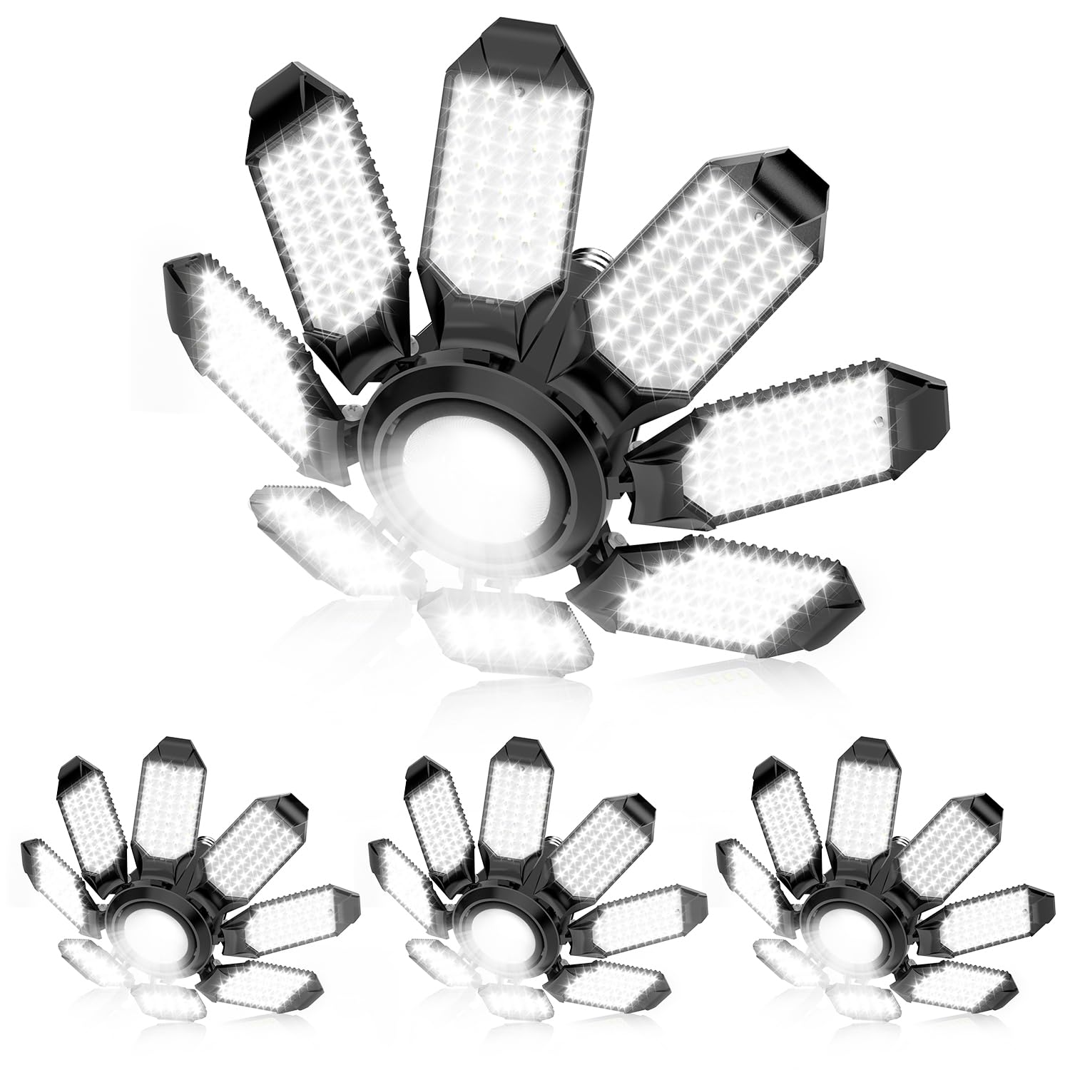 POLARPRA Garage Lights - Super Bright 250W LED Garage Ceiling Light w/ 8 Deformable Panels 6500K Led Light Bulb Srew in E26/E27 Socket with Adjustable Center Spotlight for Barn Workshop Attic - 4Pack