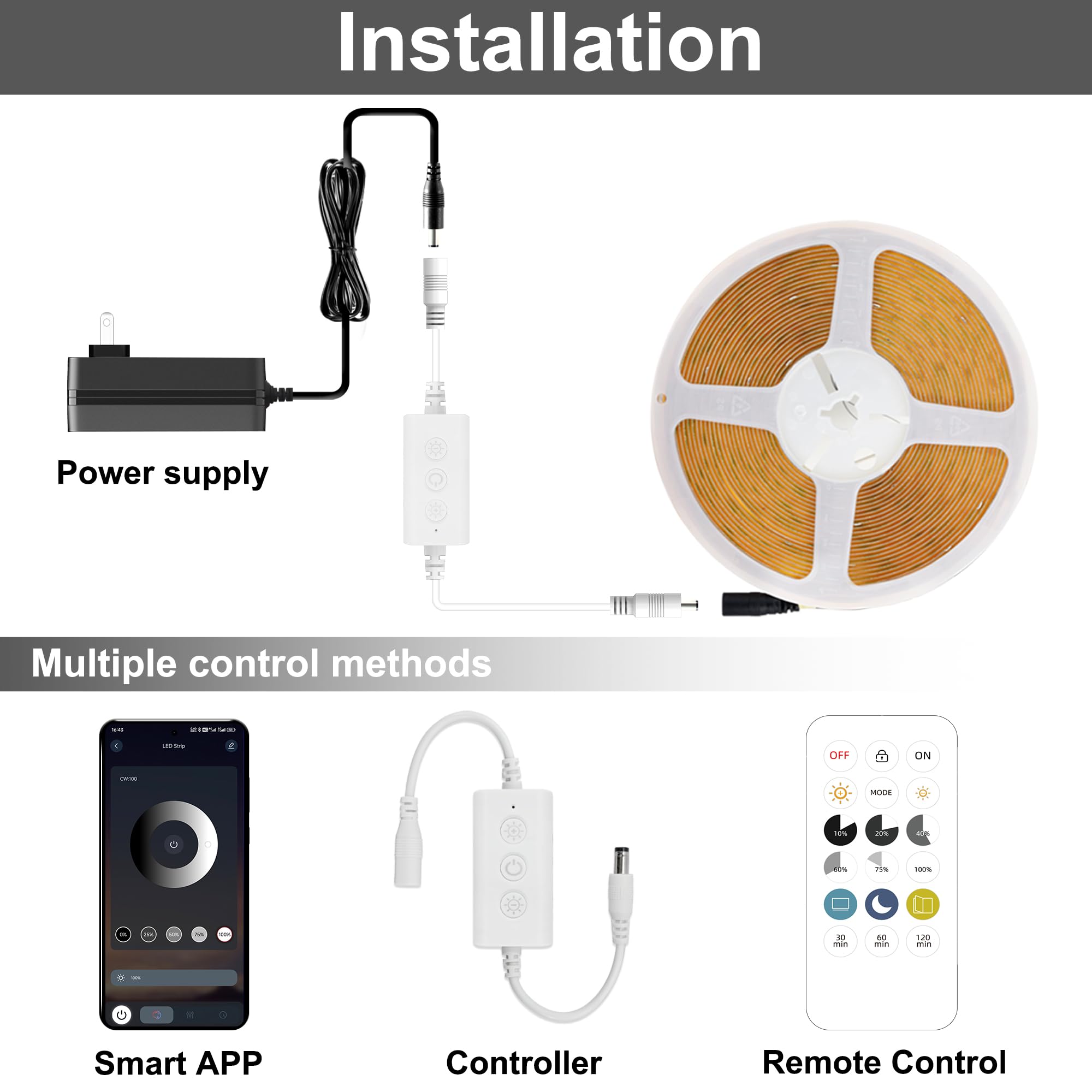 Auziwe Cob Led Strip Light 6000K  24Ft Dimmable White Led Strip Light  Cri92+  Dc24V Tape Light With Rf Remote  Timer Function  Bluetooth App Control For Home Bedroom Kitchen Diy Lighting.