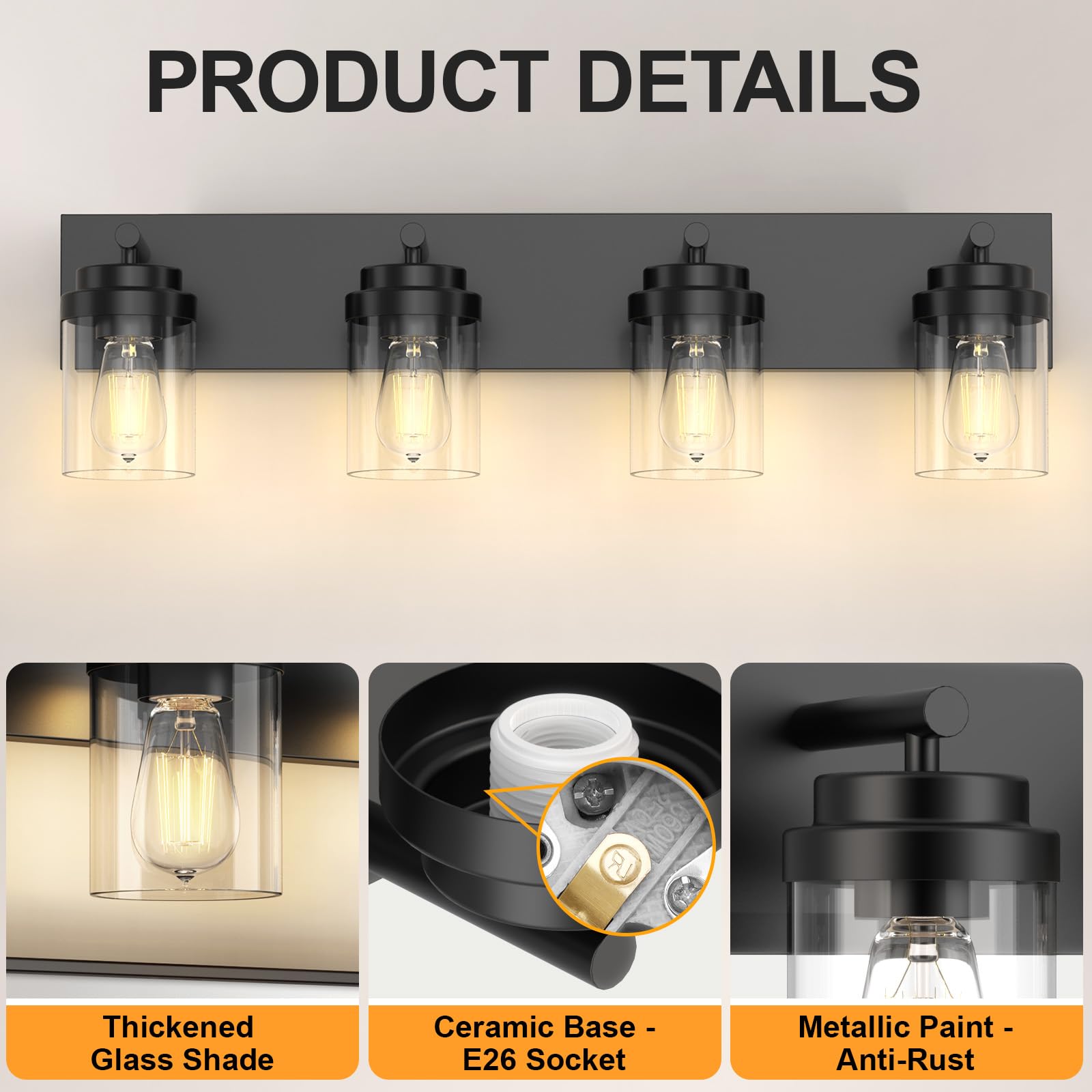 Izorro Bathroom Vanity Light Fixture  4-Light 27.5 Inch Matte Black Bathroom Light Fixtures Over Mirror  With Clear Glass Shade  Modern Farmhouse Vanity Lights  Rustic Restroom Lighting Fixtures