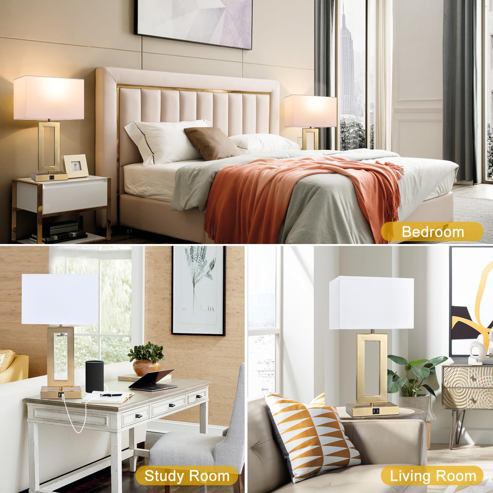 Brightwe 22 Touch Control Table Lamps - 3-Way Dimmable, 2 Usb Ports, Metal, White & Gold, Model Ql5166W, Led Bulbs Included