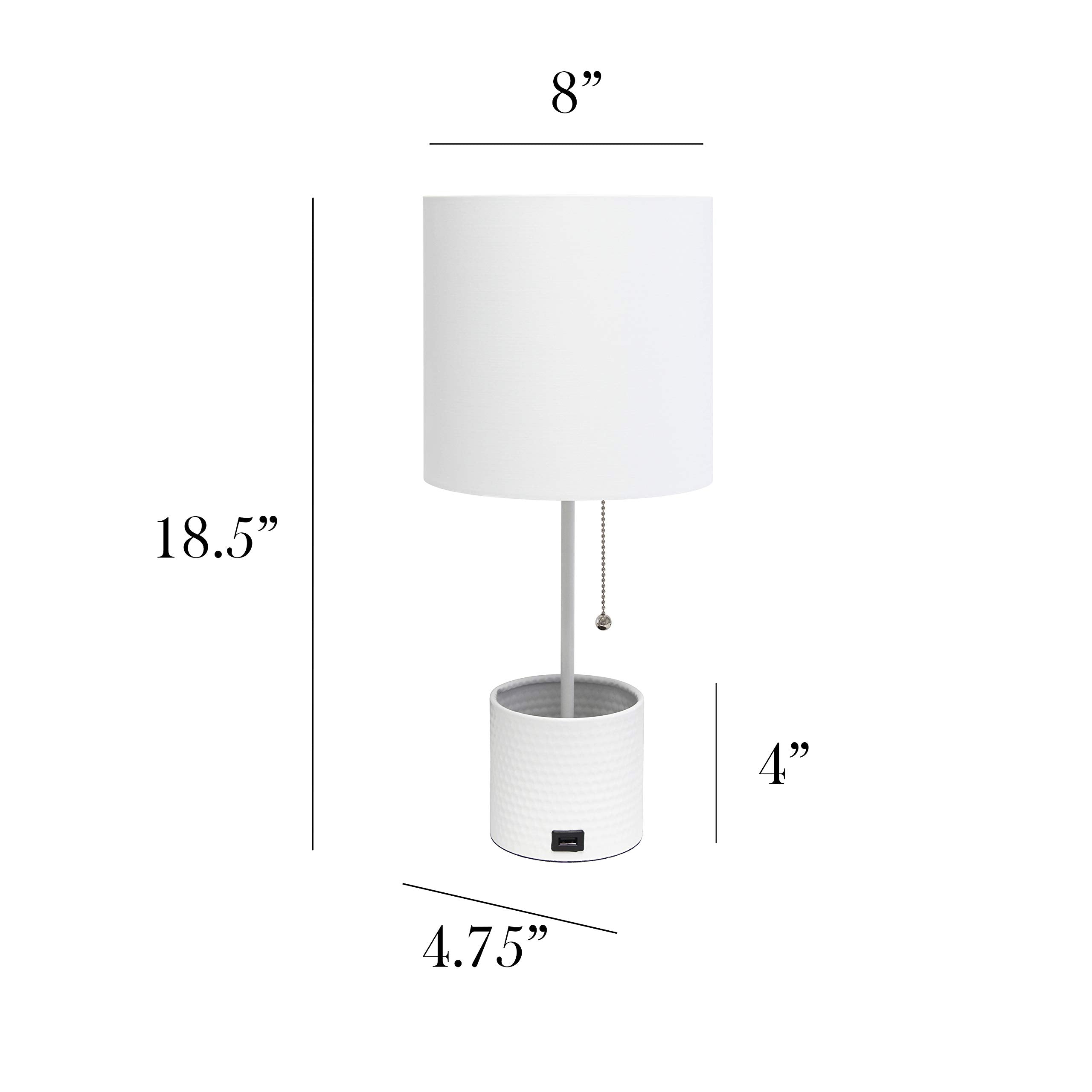 Simple Designs Lt1085-Wht Hammered Metal Organizer Table Lamp With Usb Charging Port And Fabric Shade, White