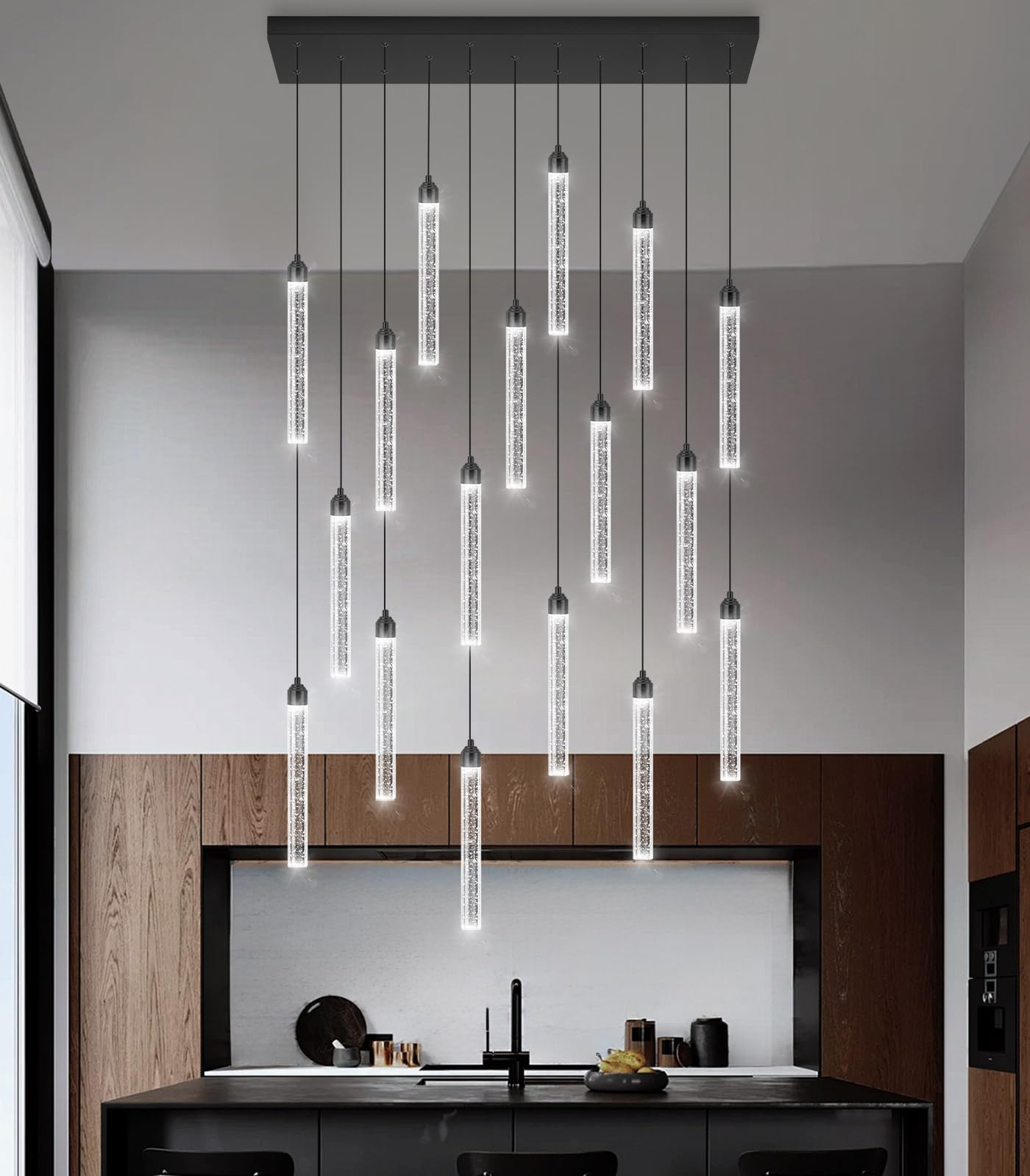 Dolria Rectangular Chandelier, 17-Lights LED Pendant Light, Dimmable, Black Metal, Model PC0008-CT-17B, Ideal for Entryway & Living Room